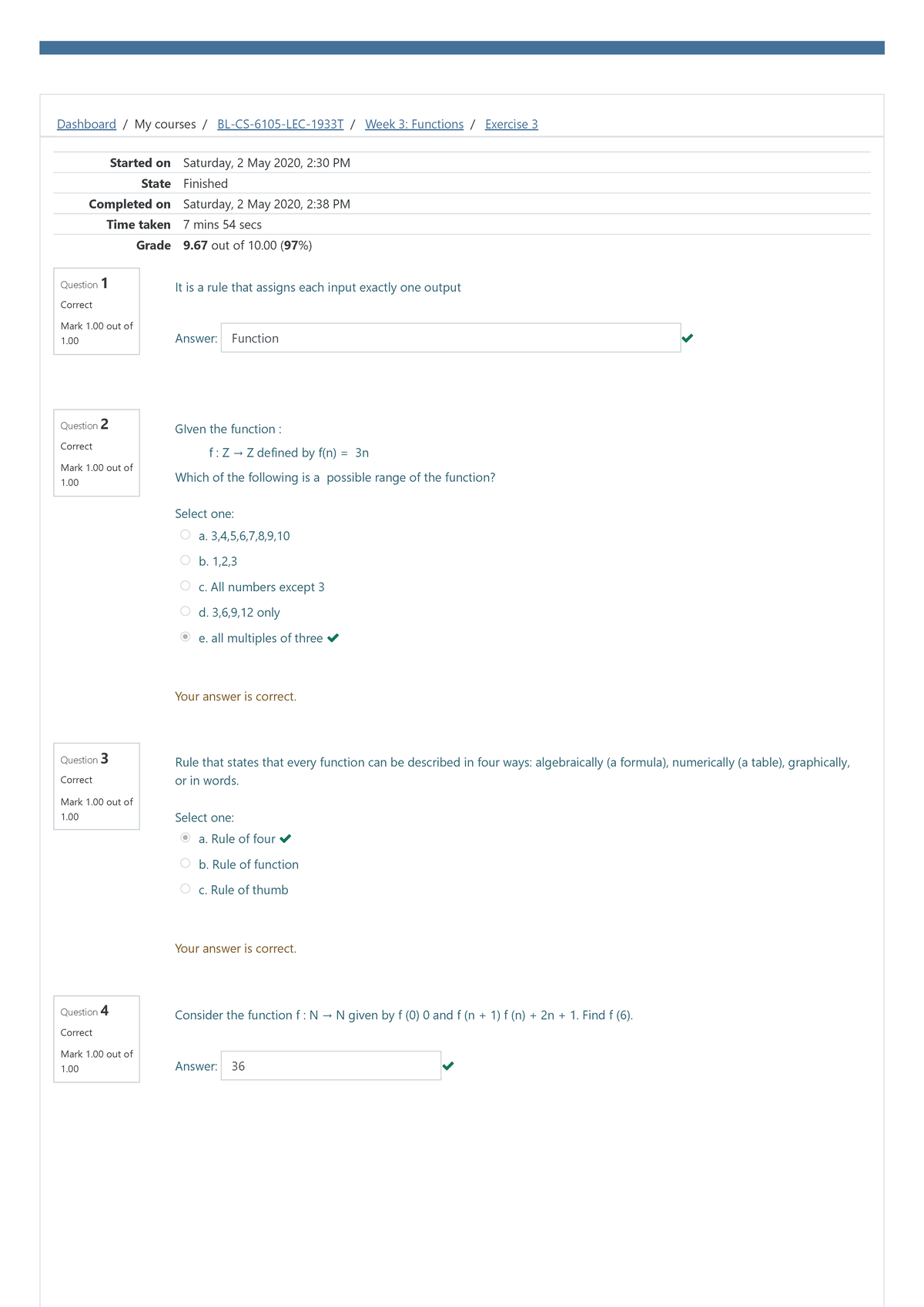 Exercise 3 Attempt Review - Dashboard / My Courses / BL-CS-6105-LEC ...