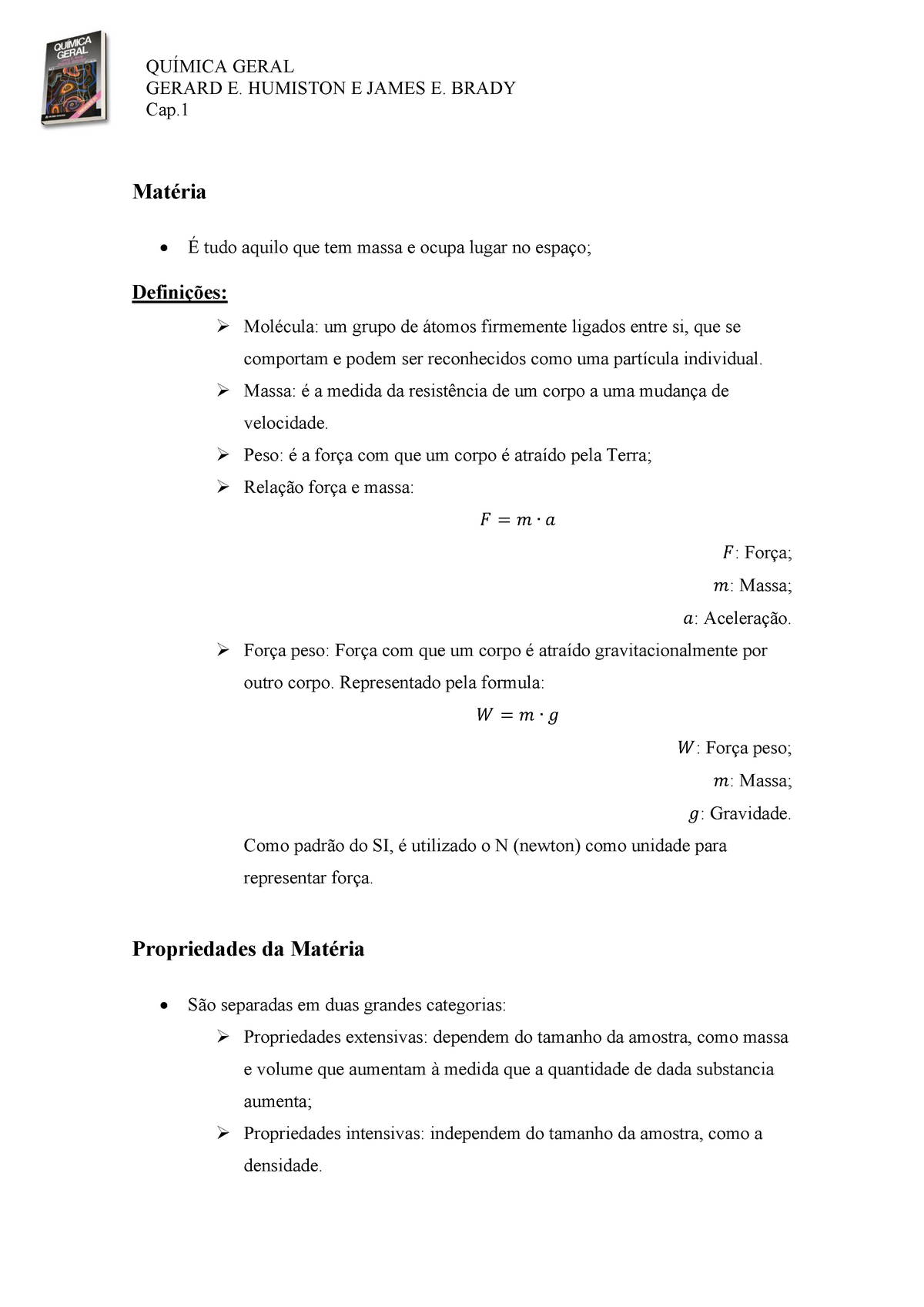 Introdução A Química Gerard E Humiston E James E Brady Cap Matéria É Tudo Aquilo Que Tem 1317