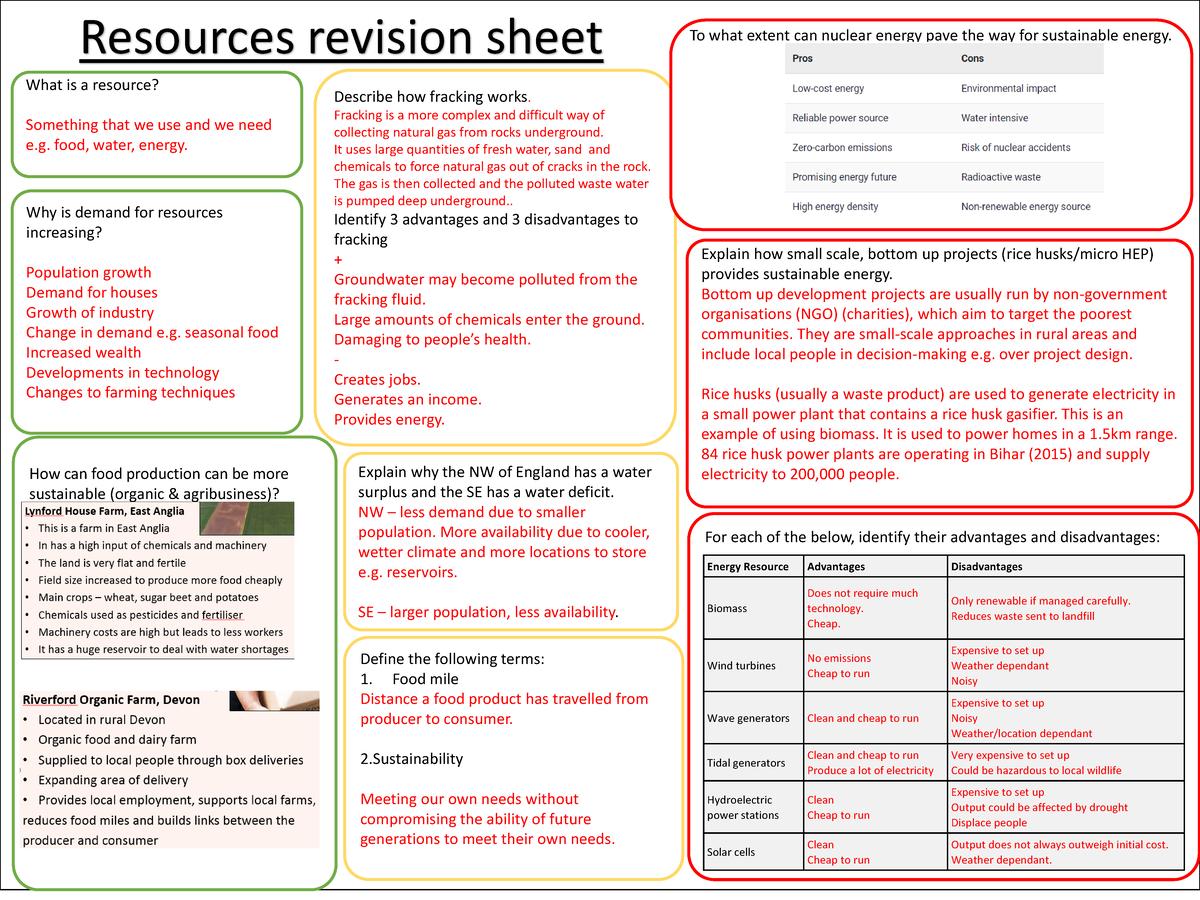 Resources Revision A3 Worksheet - Resources revision sheet What is a ...