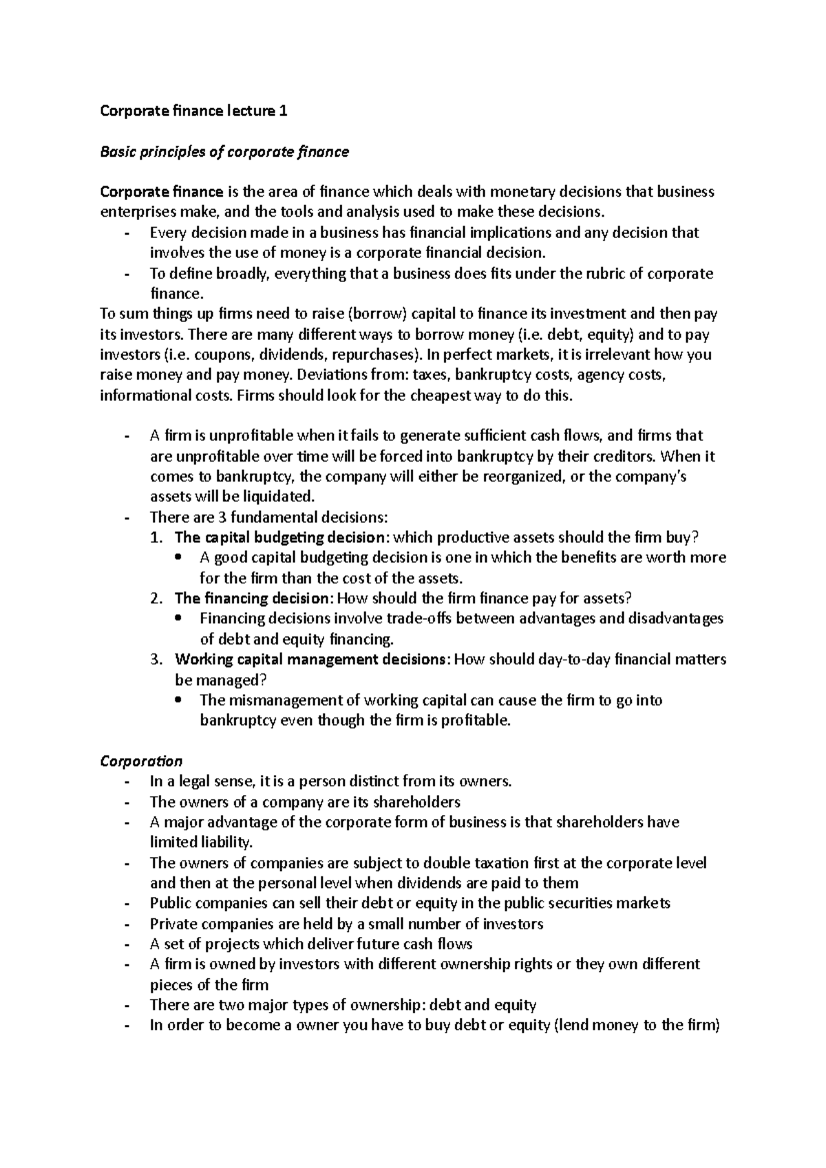Corporate finance lecture 1 - ECOM015 - QMUL - Studocu