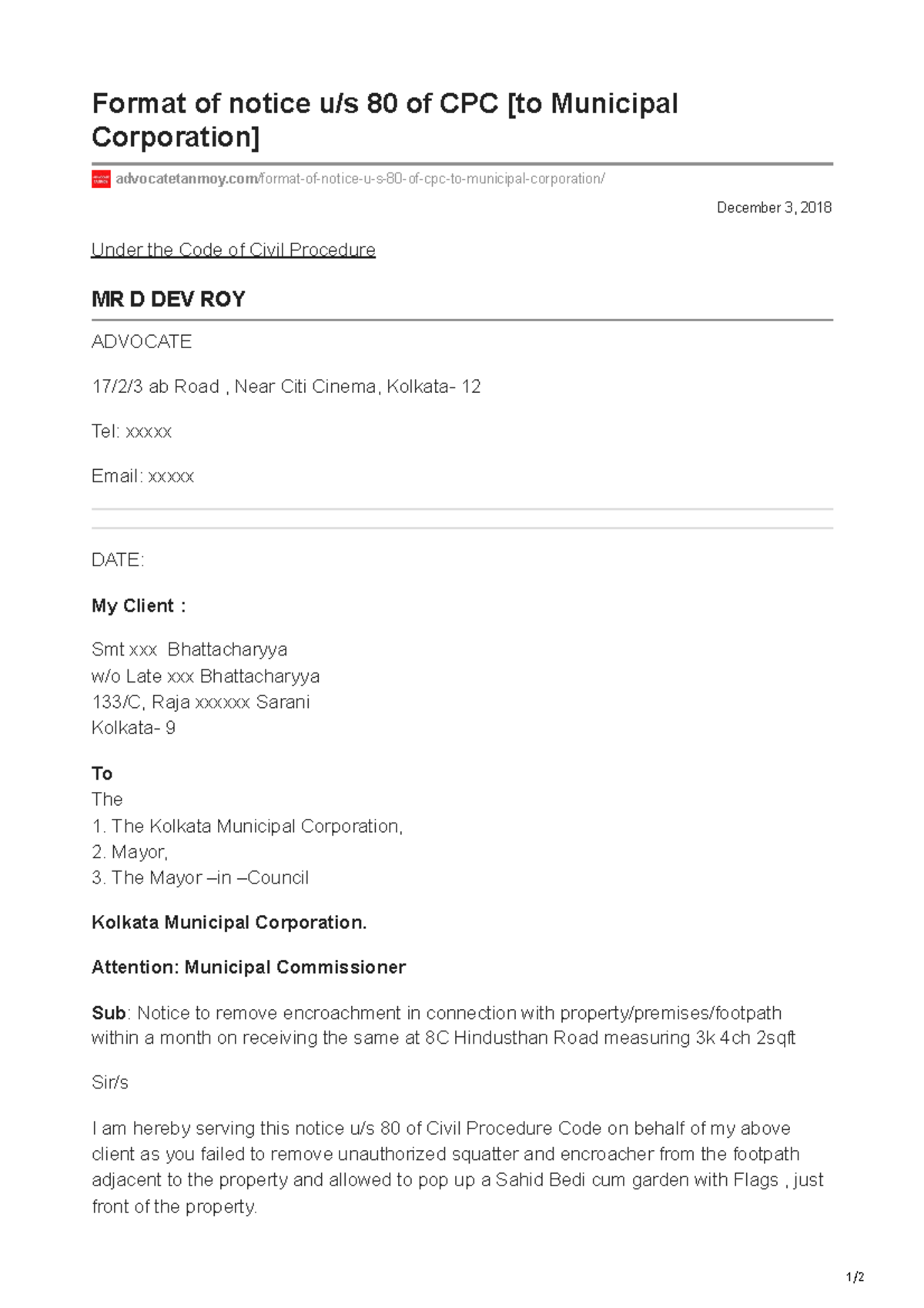 Advocatetanmoy.com-Format of notice us 80 of CPC to Municipal ...
