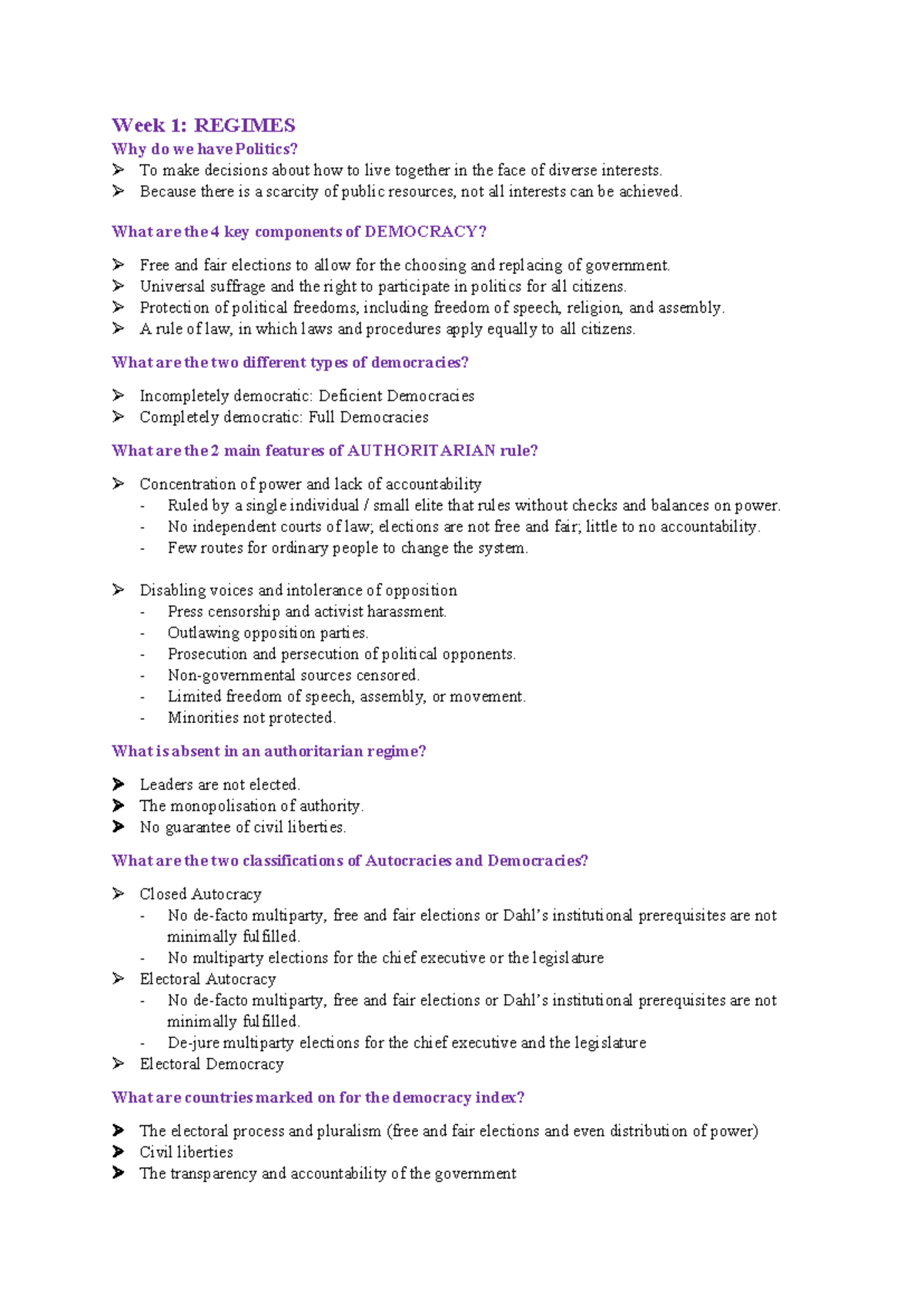 EXAM Government Notes - Week 1: REGIMES Why do we have Politics? To ...