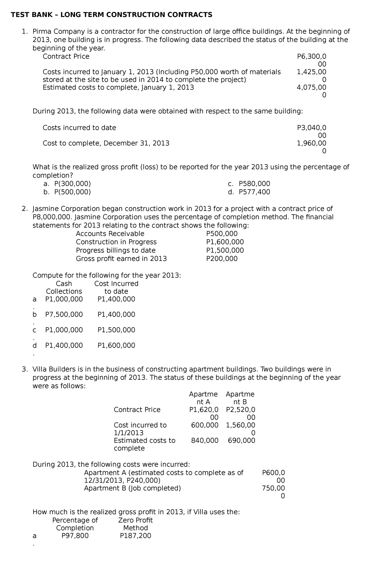 TEST BANK - LTCC - REVIEWER - TEST BANK – LONG TERM CONSTRUCTION ...