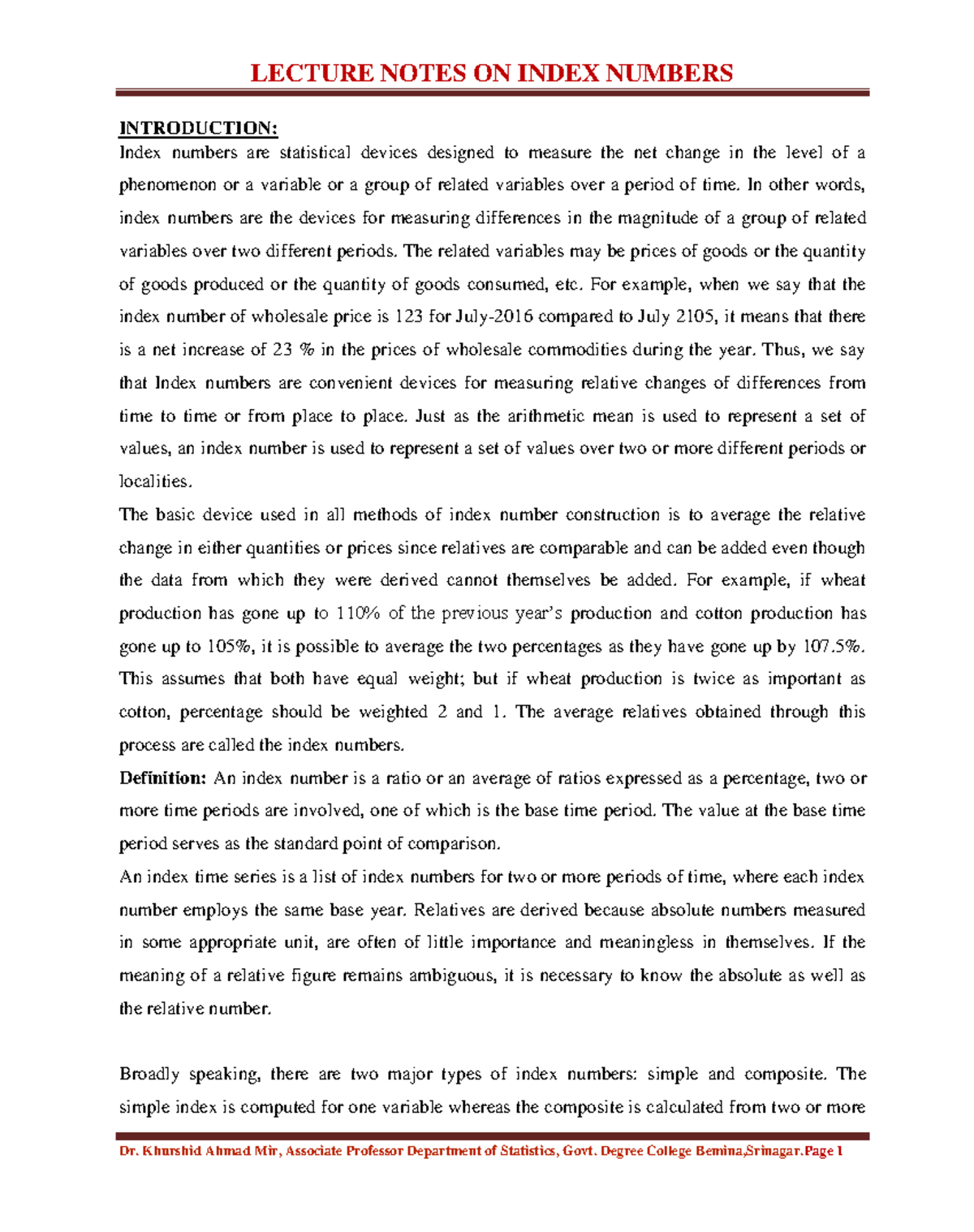 Economics Part 4 - LECTURE NOTES ON INDEX NUMBERS INTRODUCTION BG 6th ...