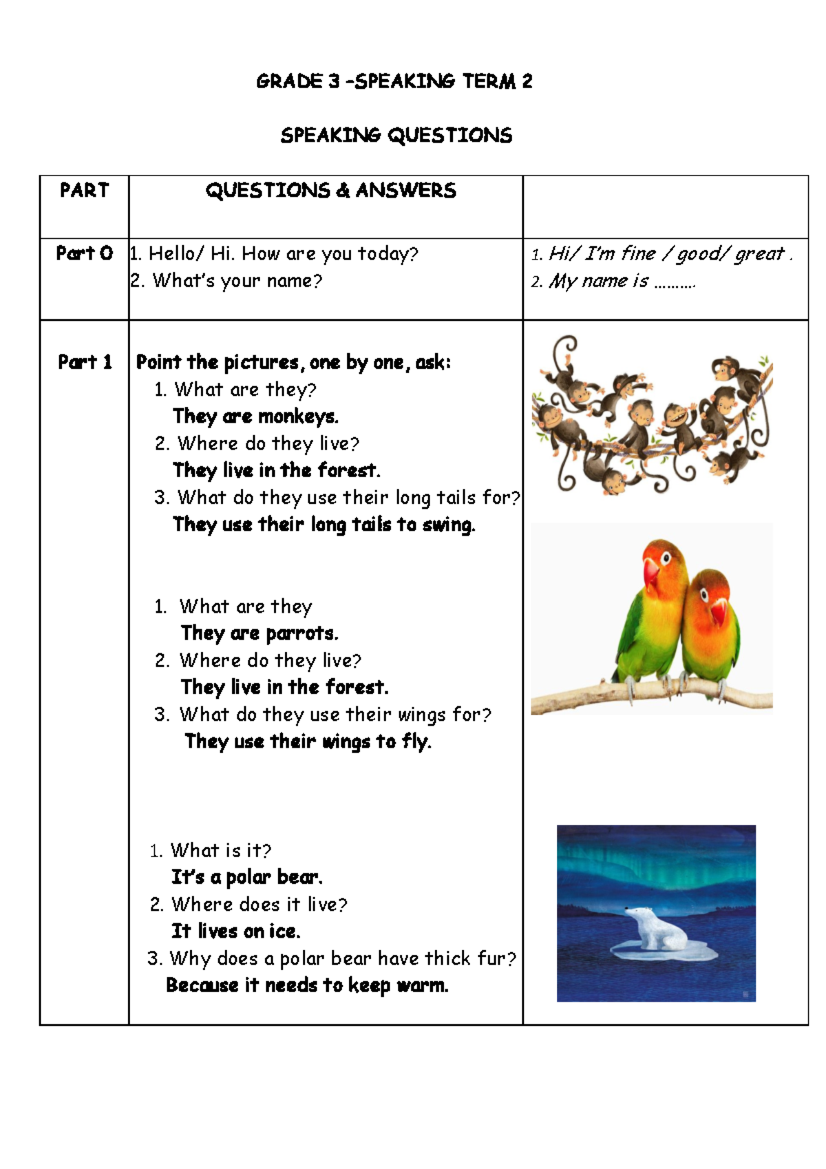 speaking test questions for grade 3