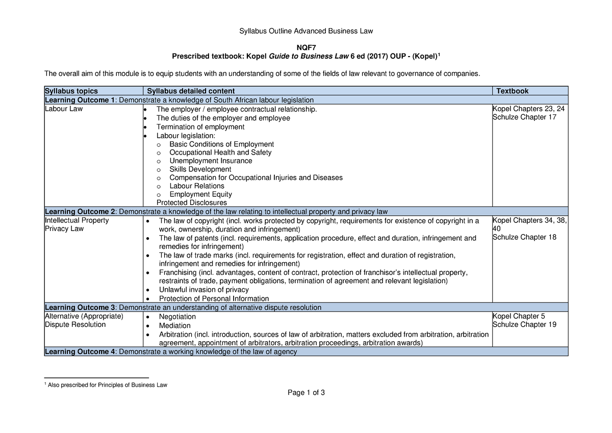 NQF7 Syllabus Outline Advanced Business Law 2023 - Syllabus Outline ...