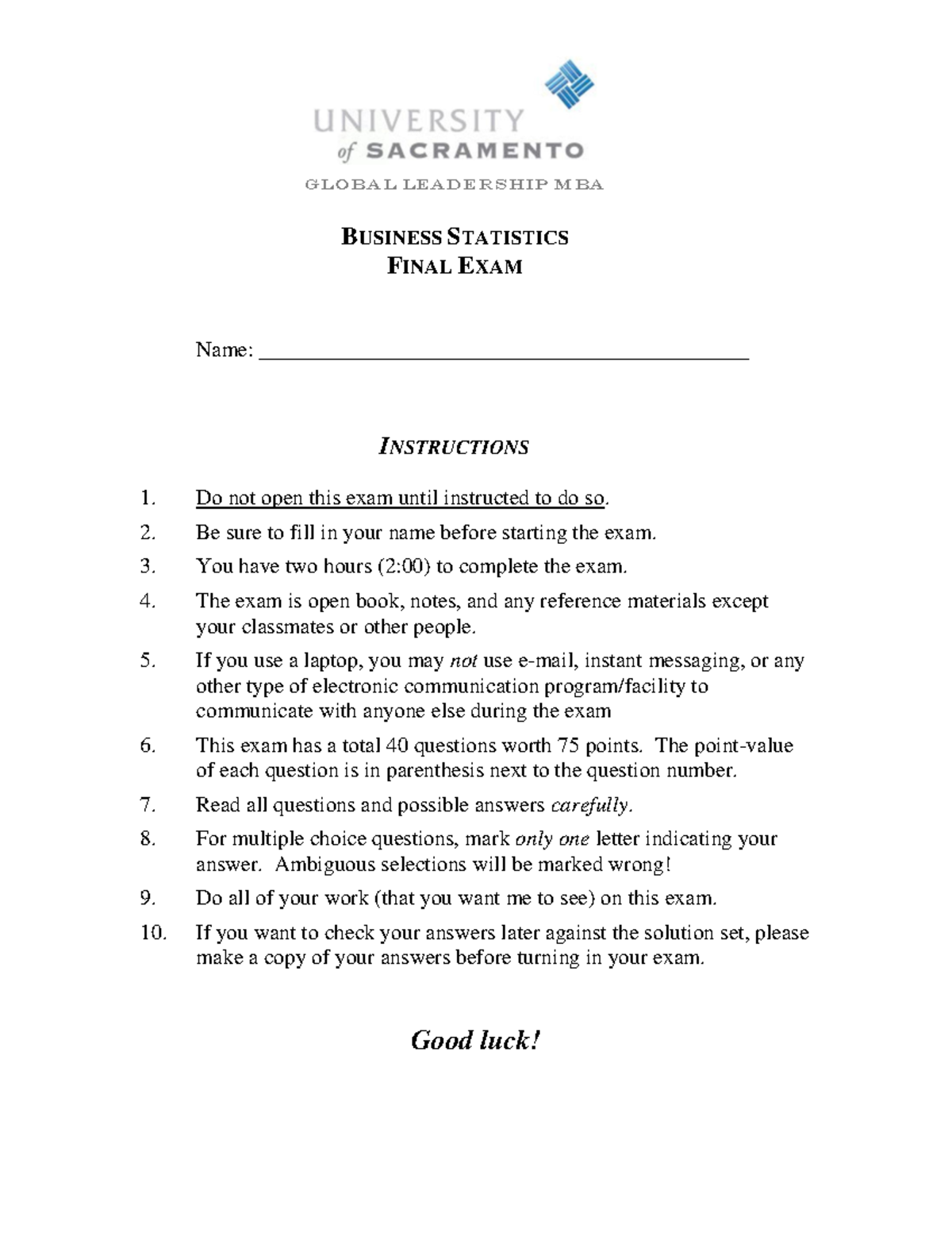 Business Statistics Final Exam Solutions - G Lo Ba L L Ead E R Sh Ip M ...