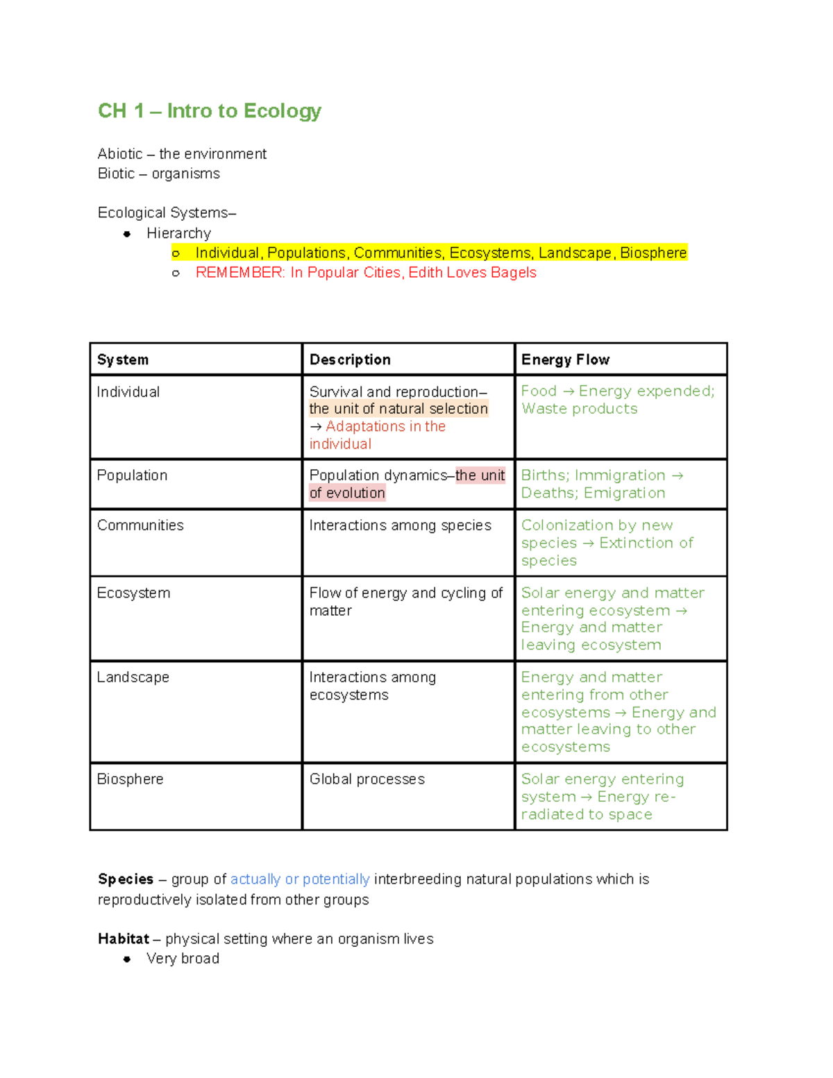 Ecology – Exam #1 (Study Guide) - CH 1 – Intro To Ecology Abiotic – The ...