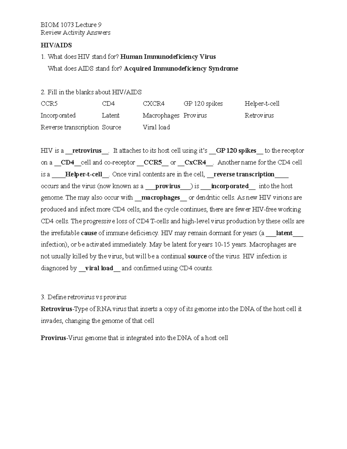 BIOM 1073 Week 9Review Answers Review Activity Answers HIV/AIDS What does HIV stand for