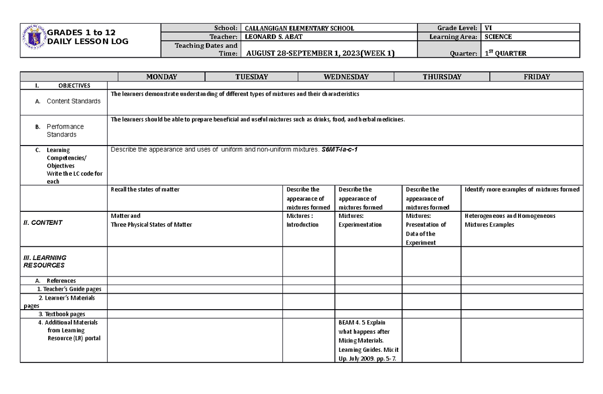 Science DLL - USEFULL - GRADES 1 to 12 DAILY LESSON LOG School ...