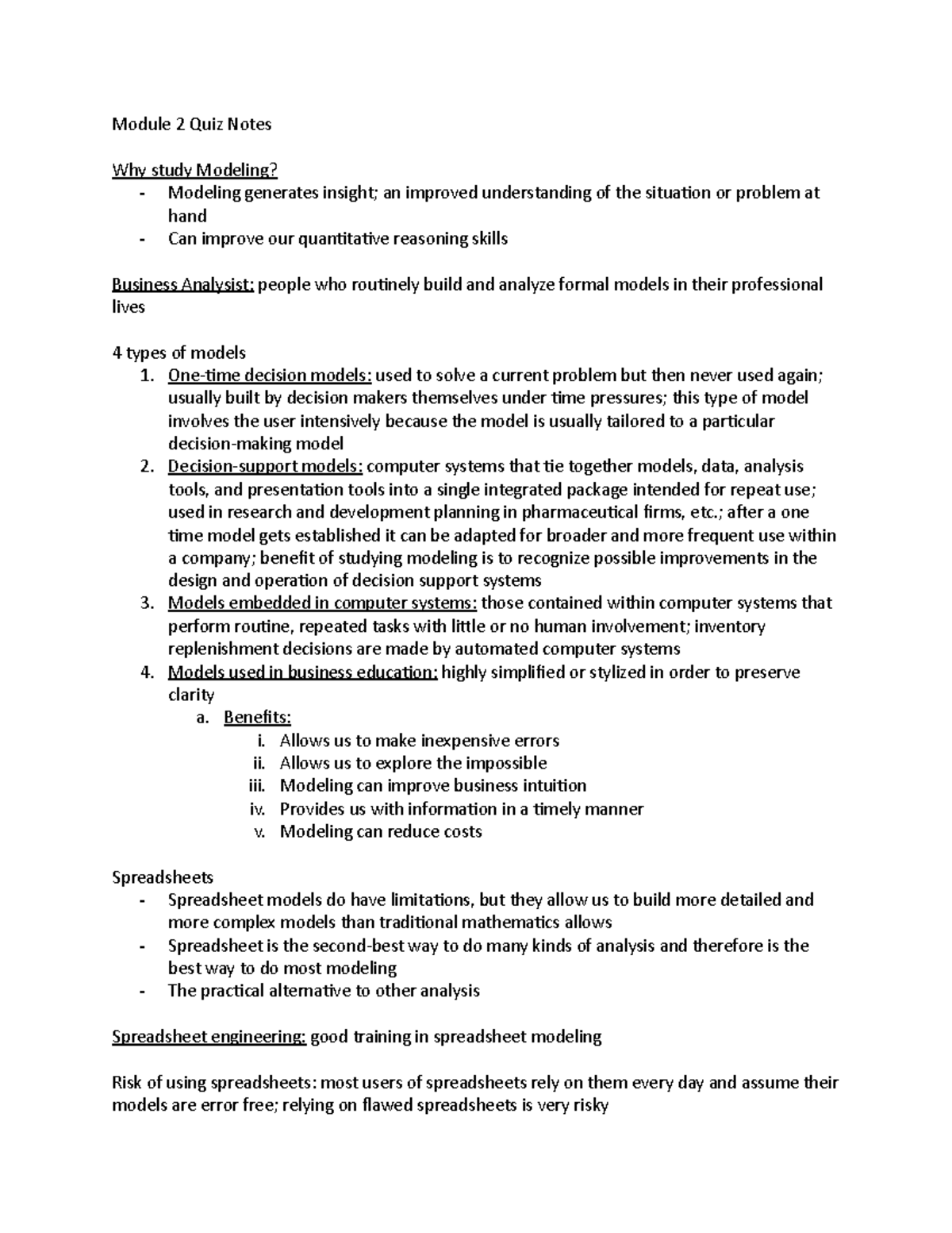 Module 2 Quiz Notes - Module 2 Quiz Notes Why Study Modeling ...