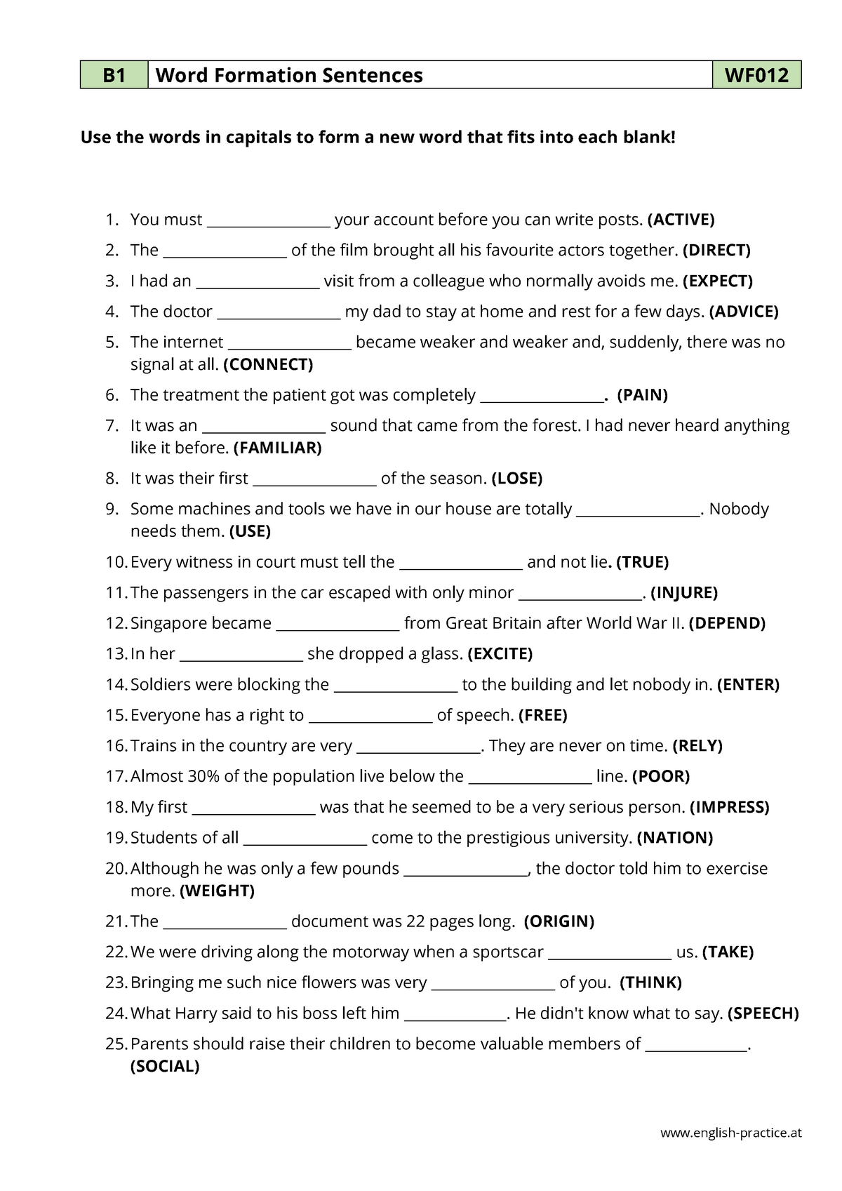 Wf012 word formation sentences - english-practice B1 Word Formation ...