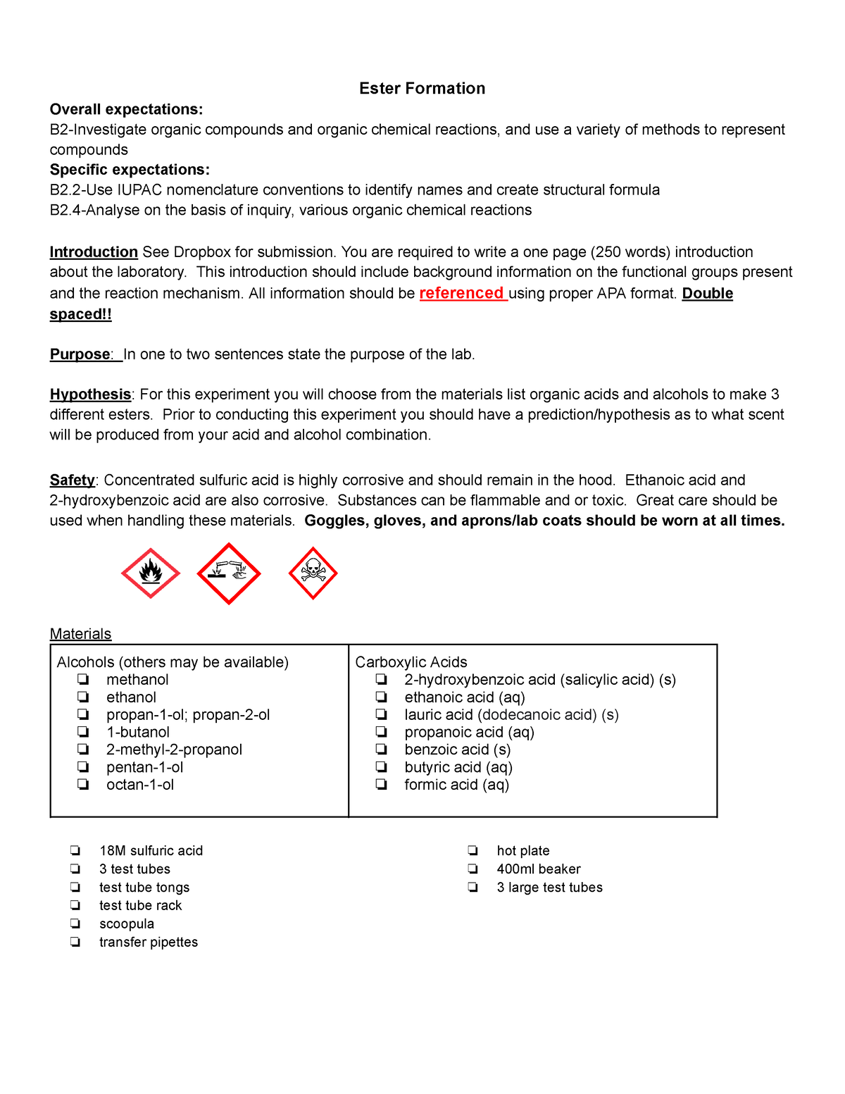 Esterification Lab Practice - Ester Formation Overall expectations: B2 ...