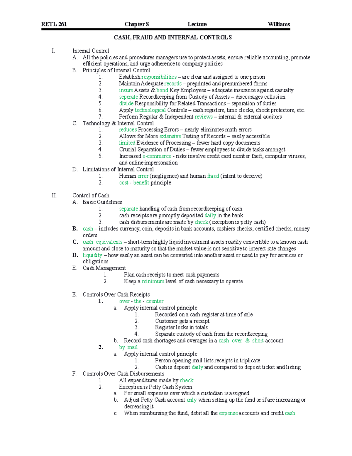Chapter 8 Notes - RETL 261 Chapter 8 Lecture Williams CASH, FRAUD AND ...