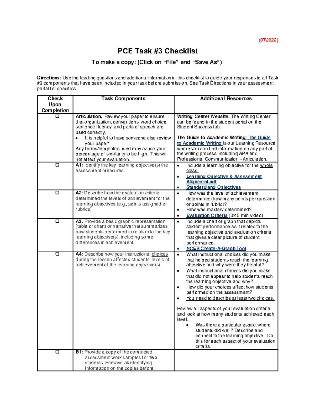 PCE 3 pce (072022) PCE Task 3 Checklist To make a copy (Click on