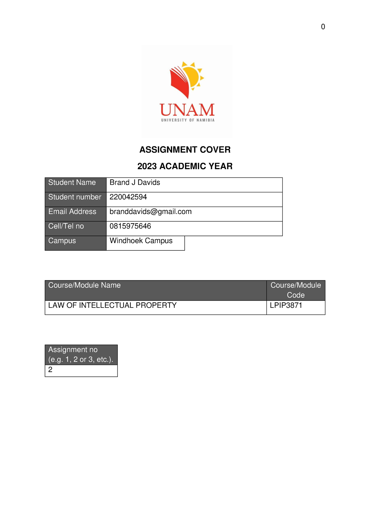 unam assignment cover page 2023 pdf