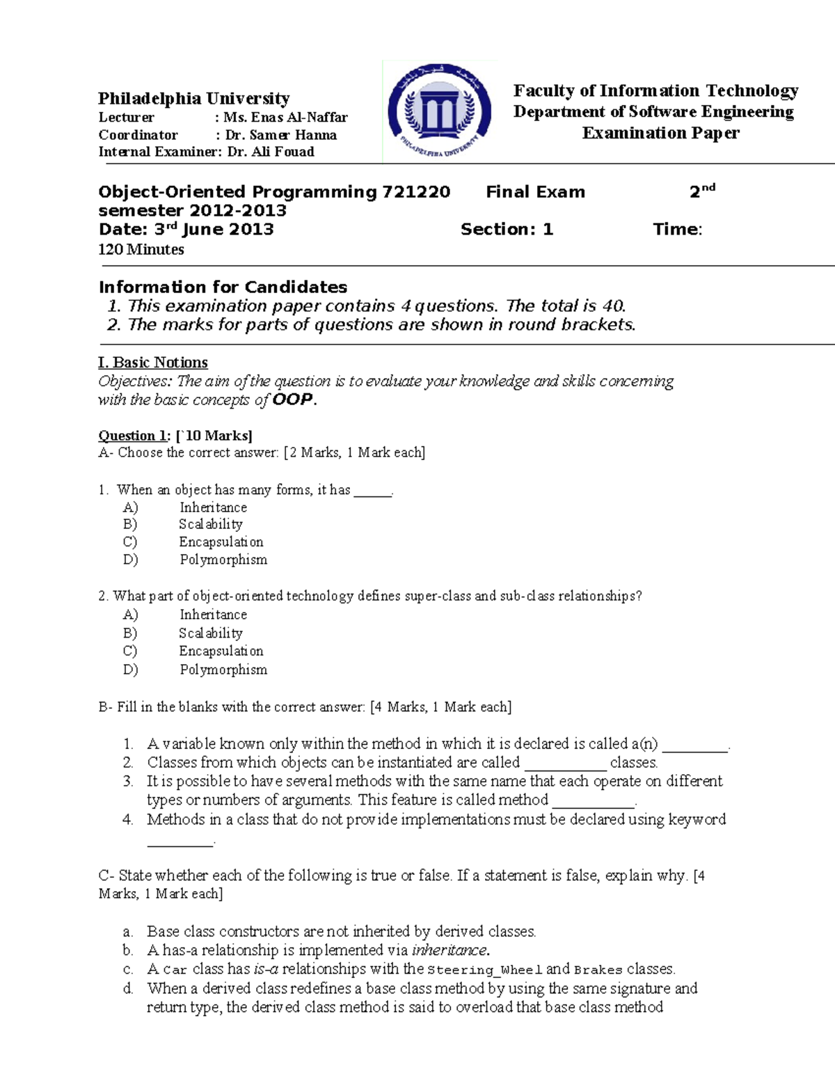 OOP-final exam - trắc nghiệm - Philadelphia University Lecturer : Ms ...