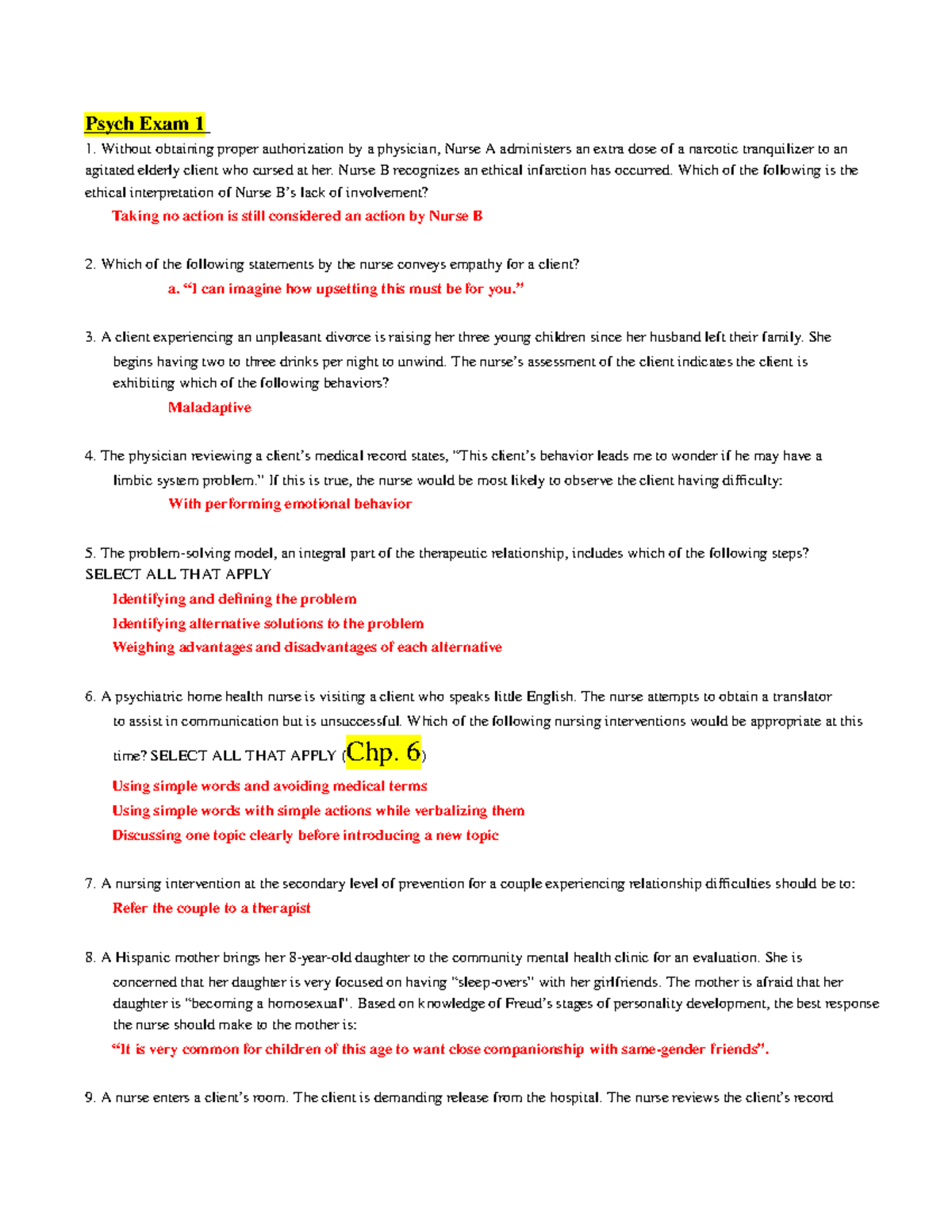 Psych Practices Q's 1,2,3 for all psych exams - NUR 4250 - NSU - Studocu