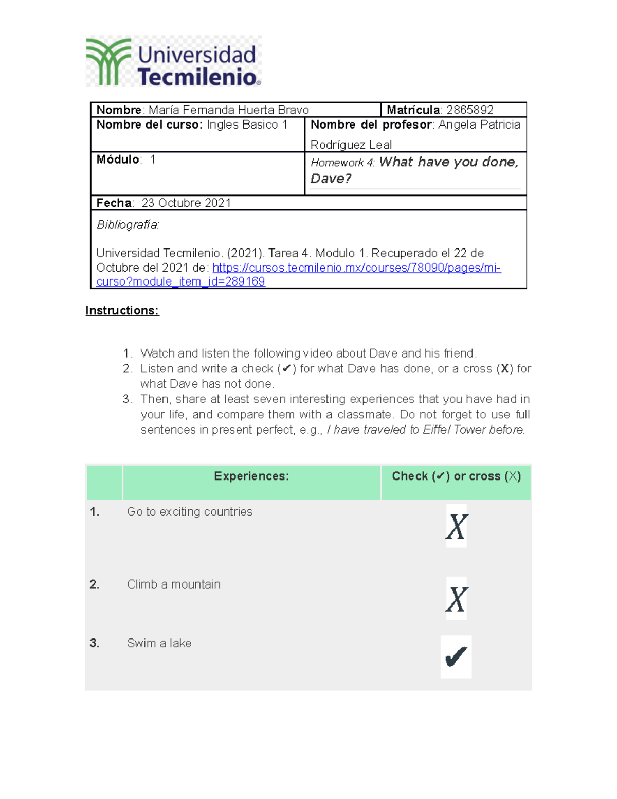 Tarea4 materia ingles basico 1 universidad tecmilenio - NombreNombre ...