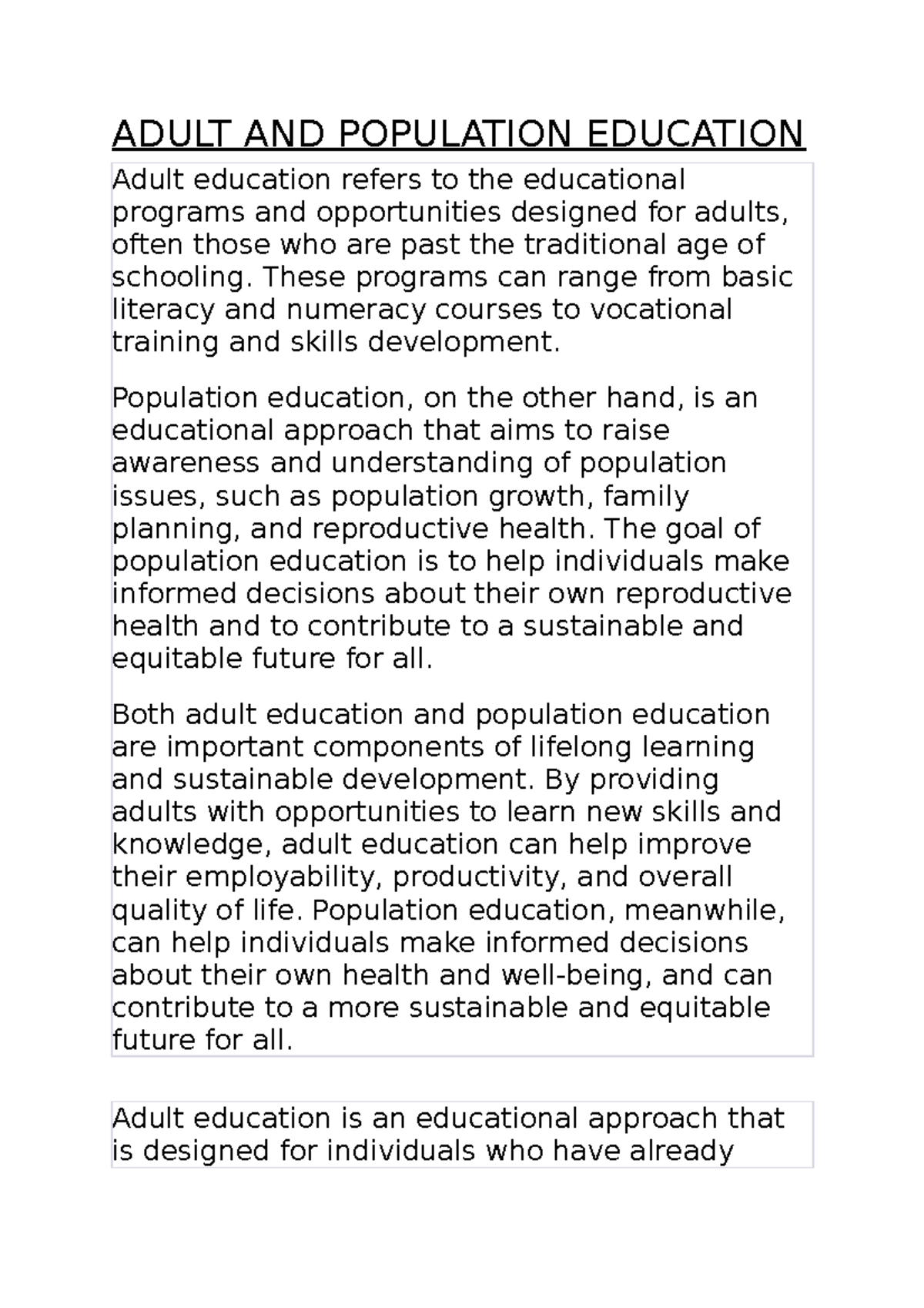 Adult AND Population Education ADULT AND POPULATION EDUCATION Adult