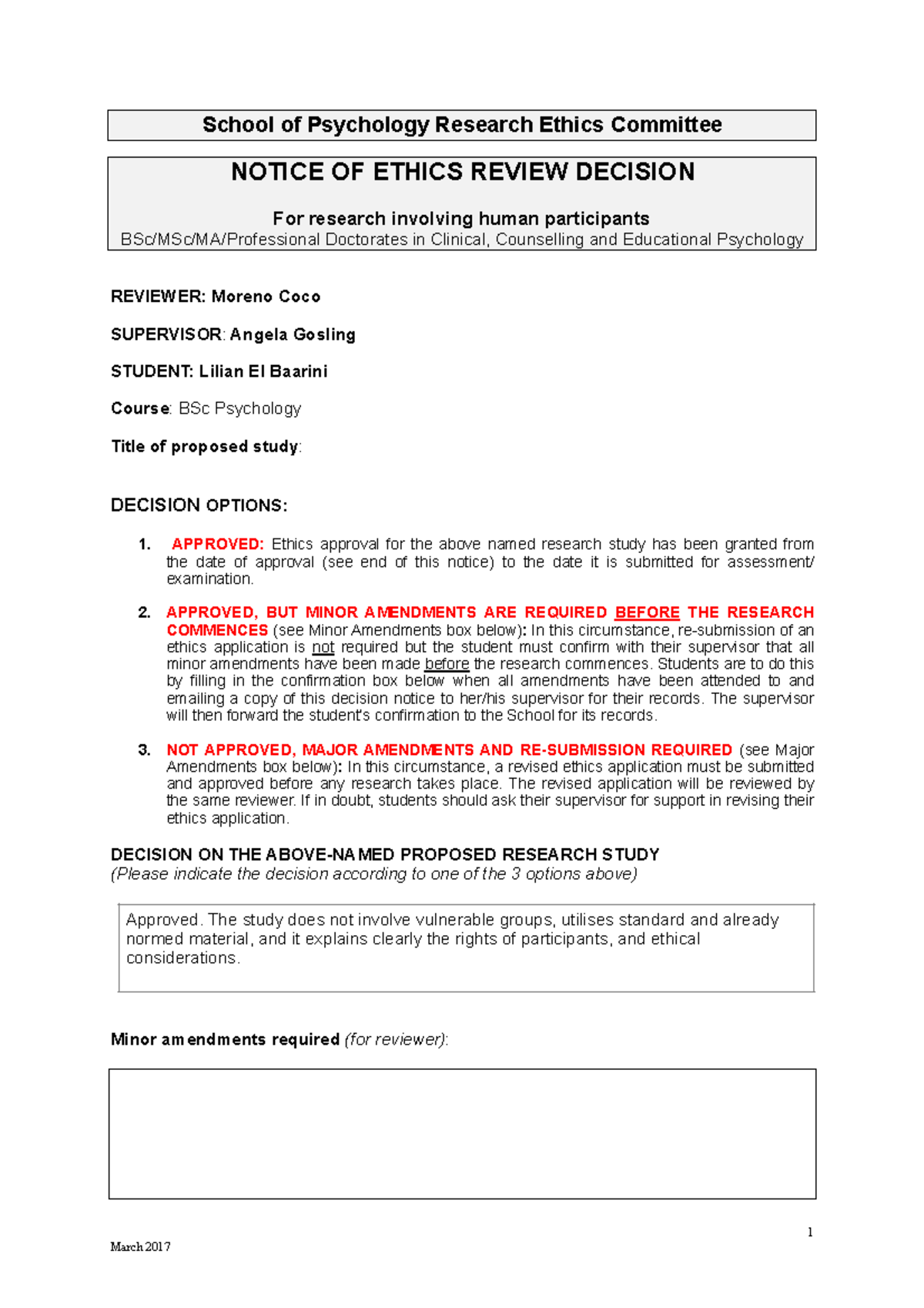 Example Ethics Review Decision Letter School Of Psychology Research