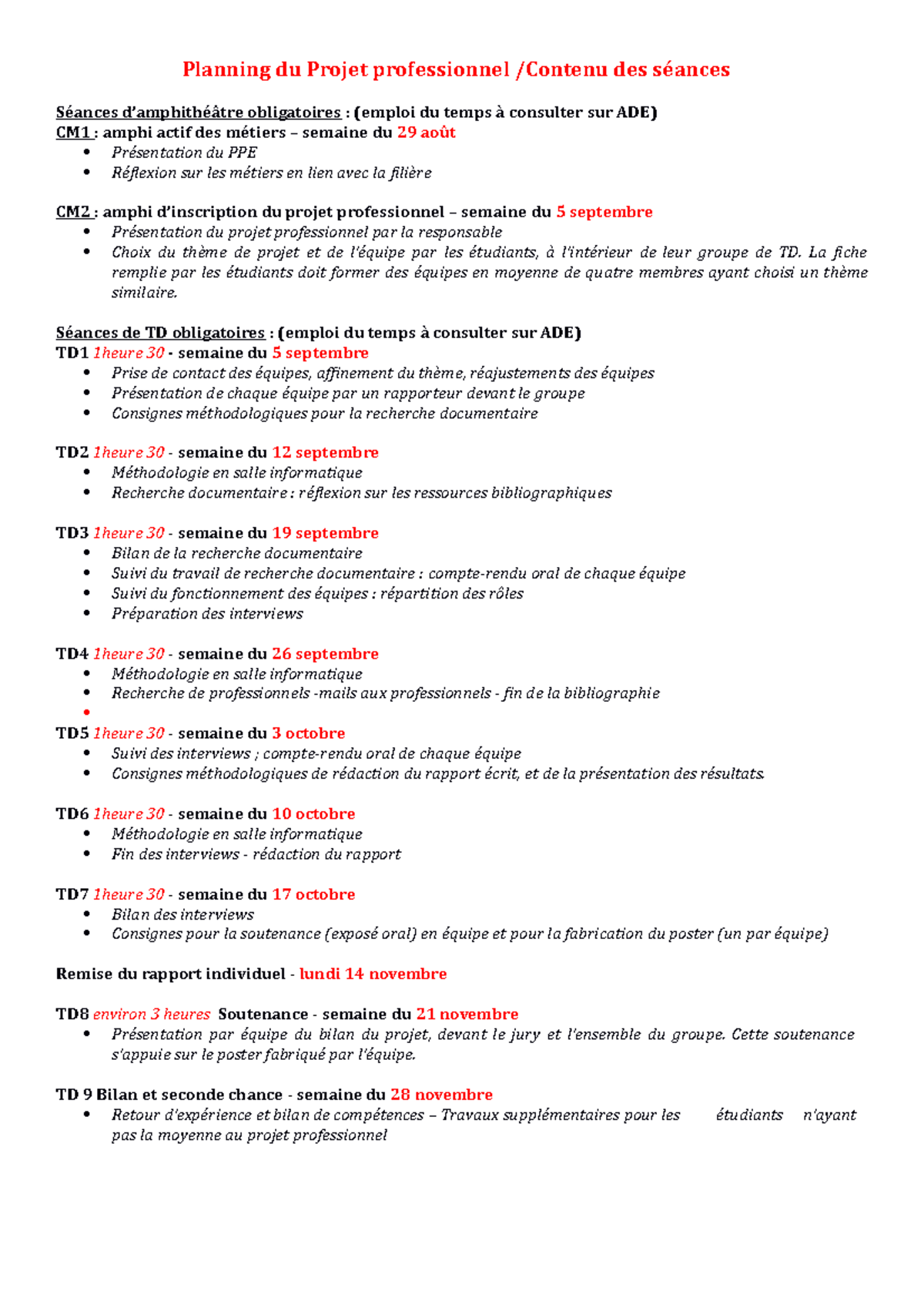 Fiches Fiche Td Planning Du Projet Professionnel Contenu Des