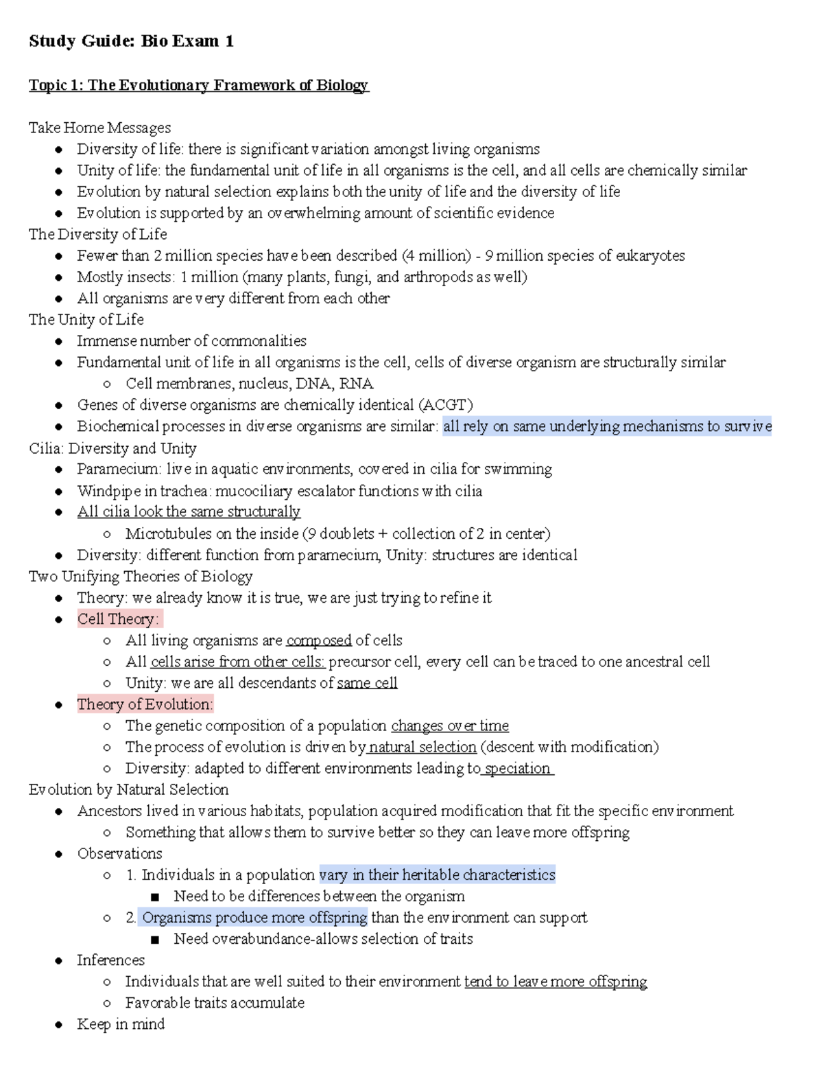 Bio Exam 1 Study Guide - Study Guide: Bio Exam 1 Topic 1: The ...