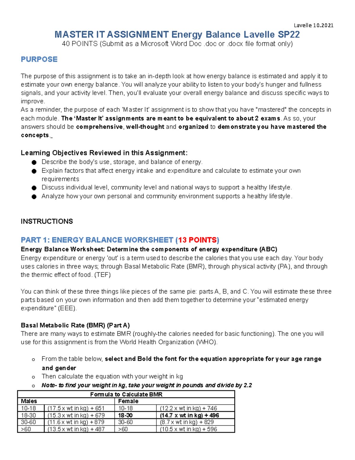 SP22 Energy Balance Master It Diet Analysis Assignment Lavelle MASTER