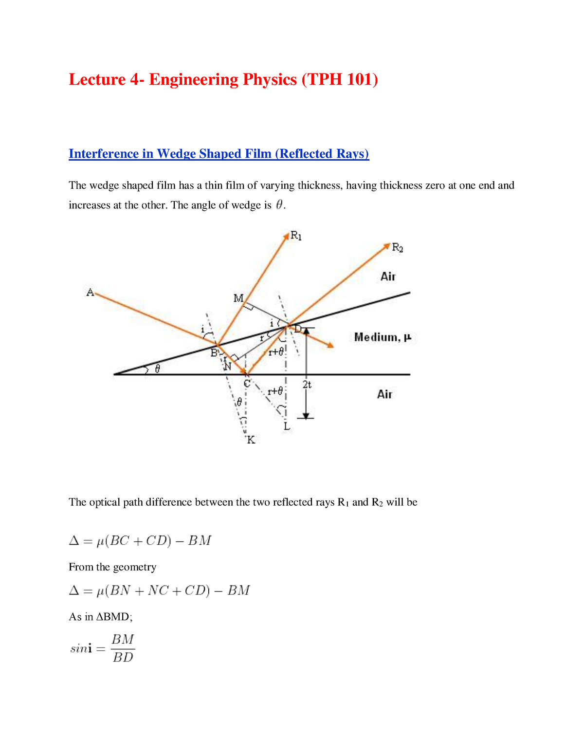 Lecture 4- Wedge shaped thin film - Lecture 4- Engineering Physics (TPH ...