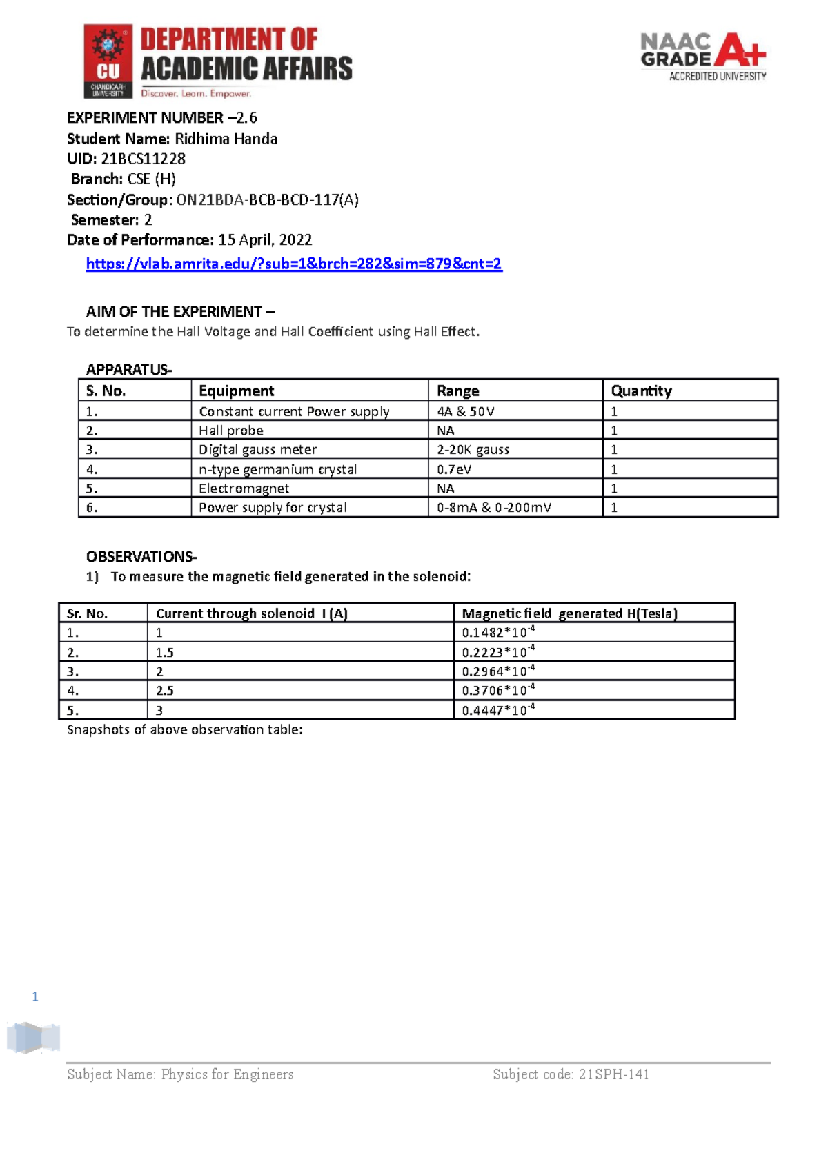 worksheet of physics 1 EXPERIMENT NUMBER 2. Student Name Ridhima