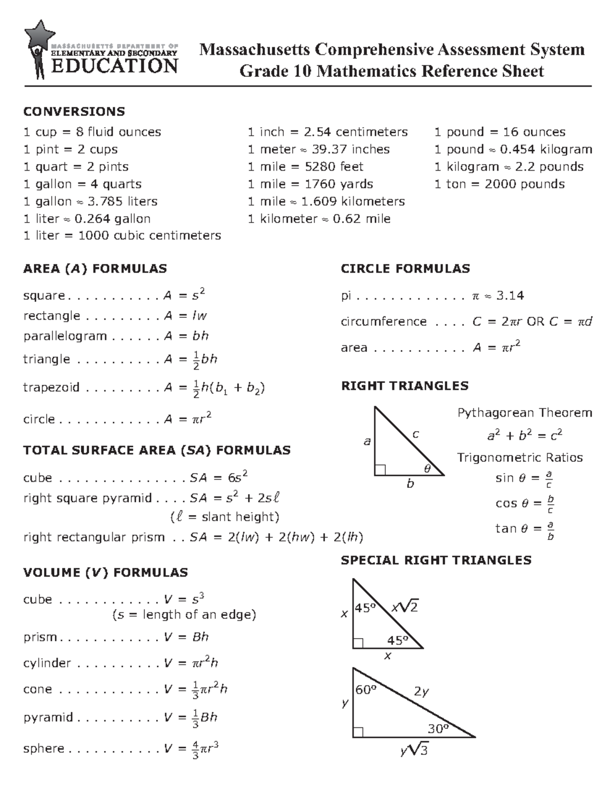 MCAS reference sheet for grade 10 CONVERSIONS 1 pound = 16 ounces 1