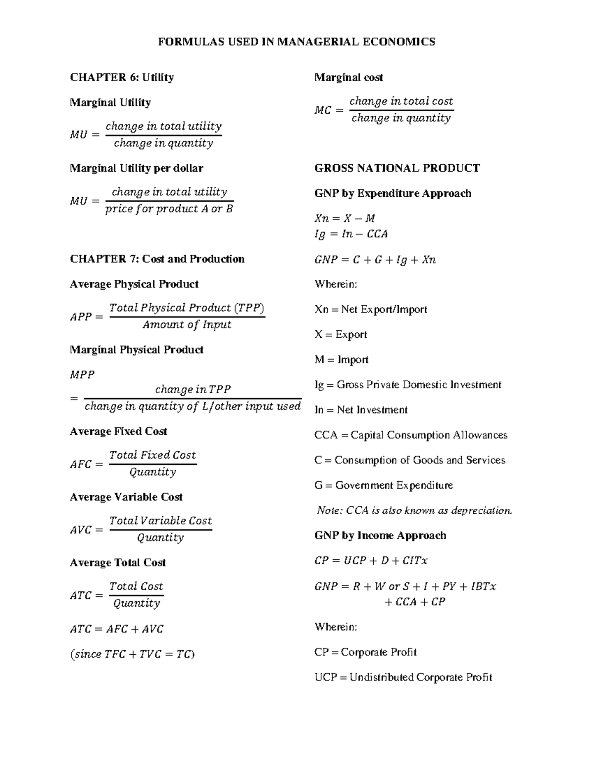 FORMULAS IN MANAGERIAL ECONOMICS - FORMULAS USED IN MANAGERIAL ...