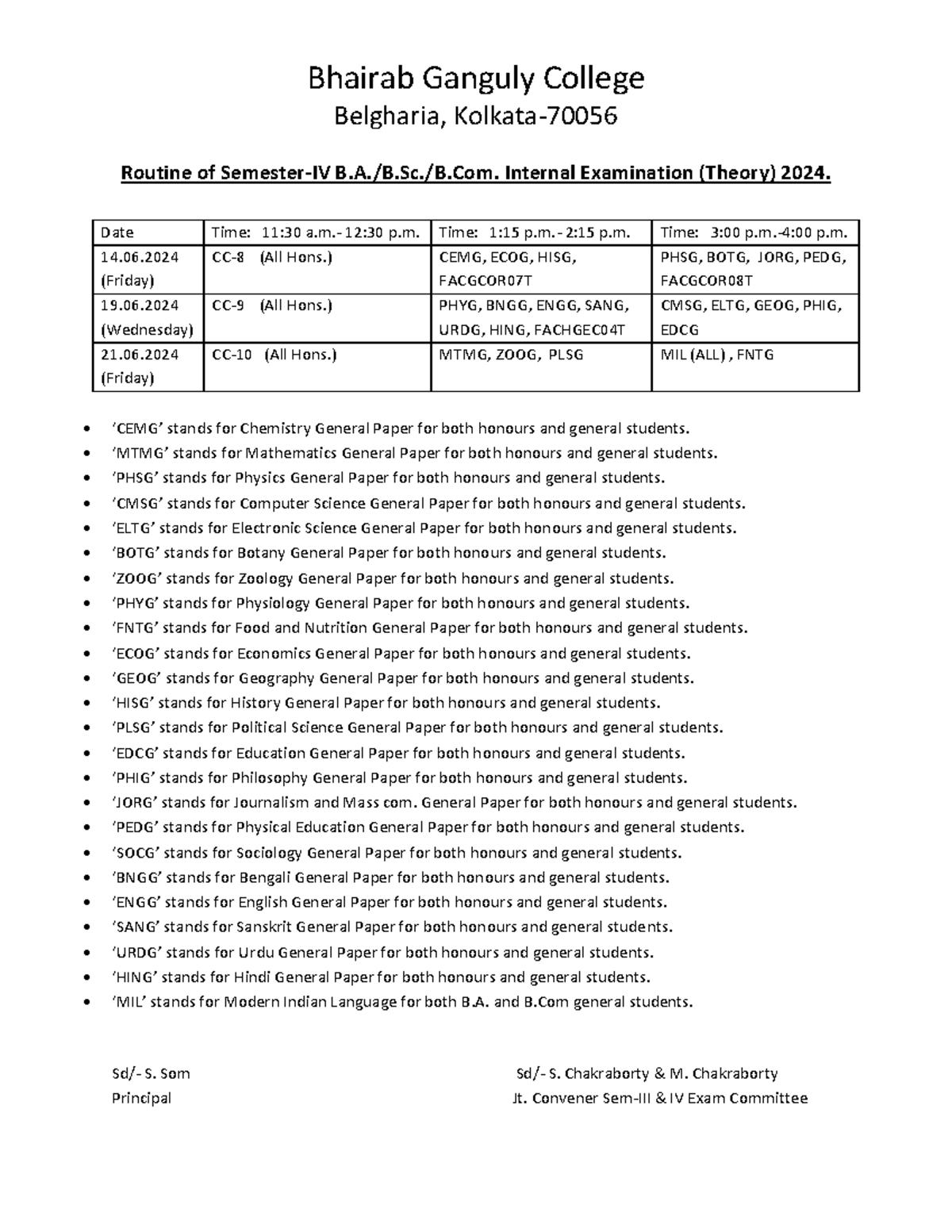 Sem-IV Int Exam Routine 24 - Bhairab Ganguly College Belgharia, Kolkata ...