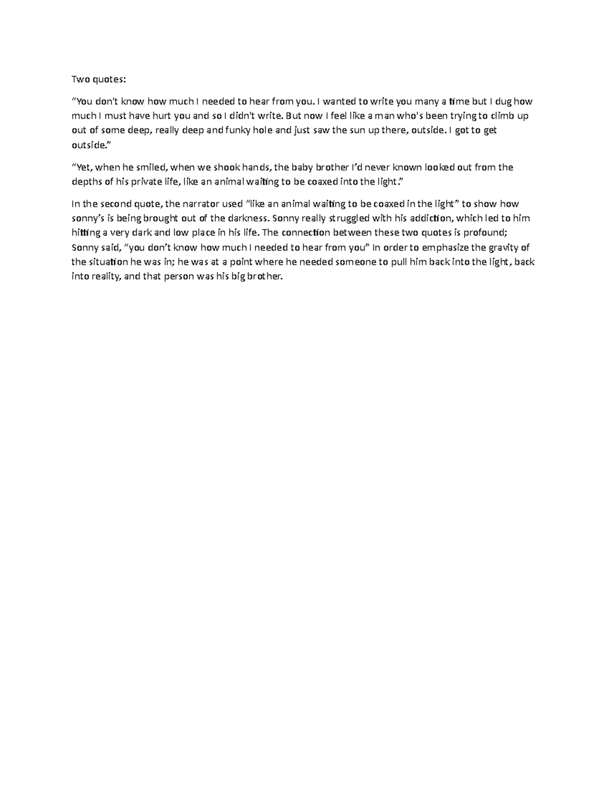 Sonny's Blues Assignment outline/Example with Two quotes “You don