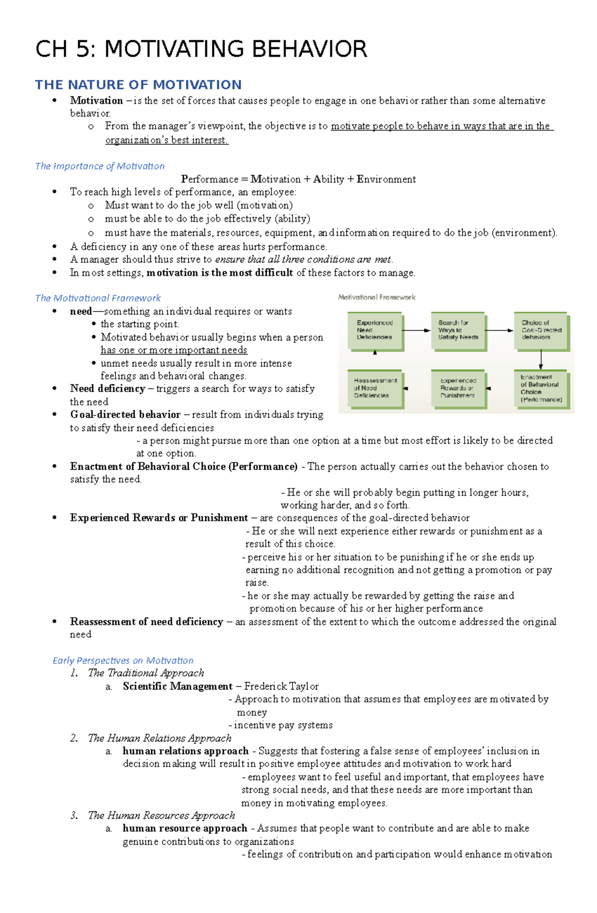 CH 5 BME Notes - CH 5: MOTIVATING BEHAVIOR THE NATURE OF MOTIVATION ...