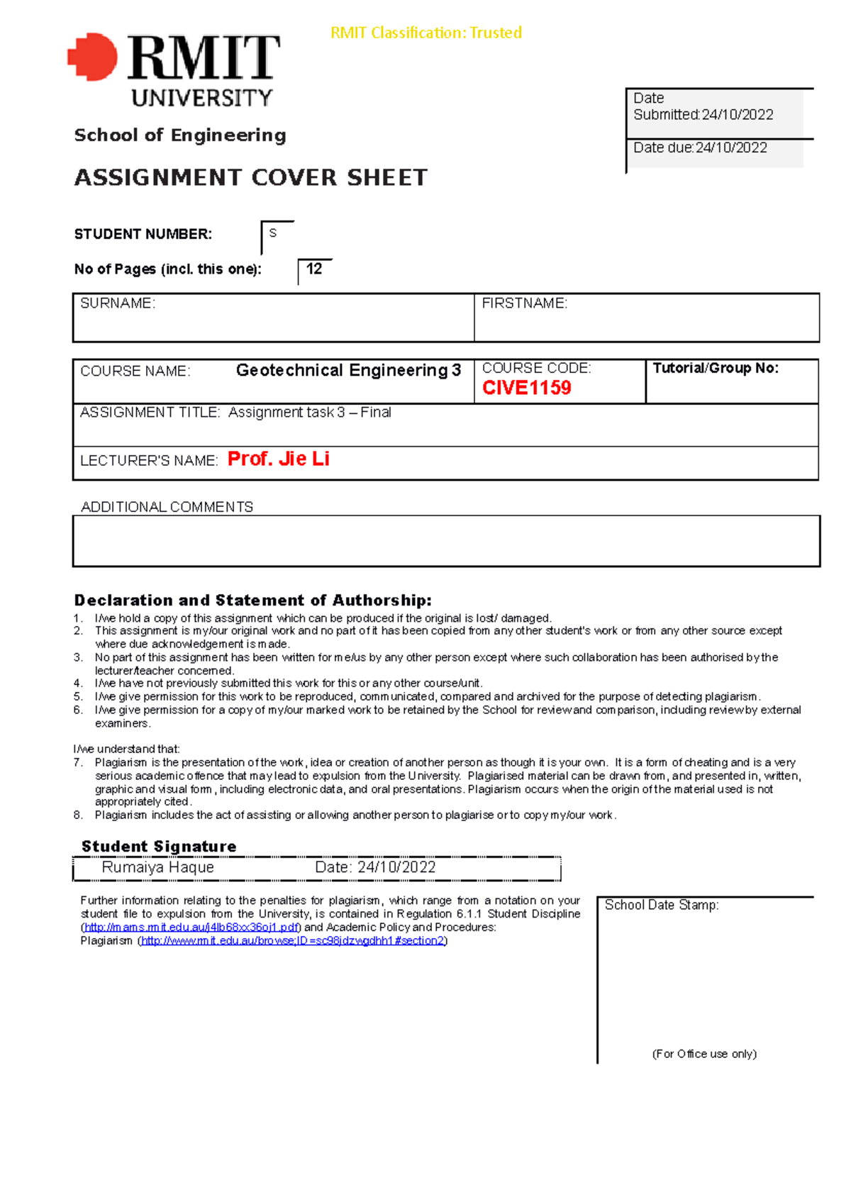 CIVE1159-A3 - geotech 3 assignment 3 - School of Engineering ASSIGNMENT ...