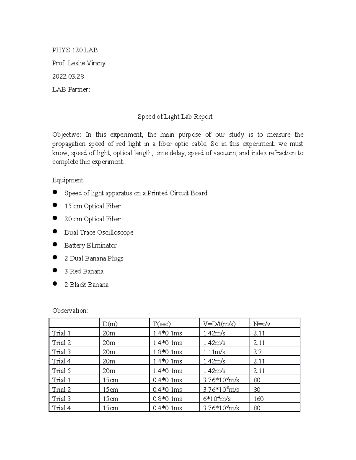 speed of light experiment lab report