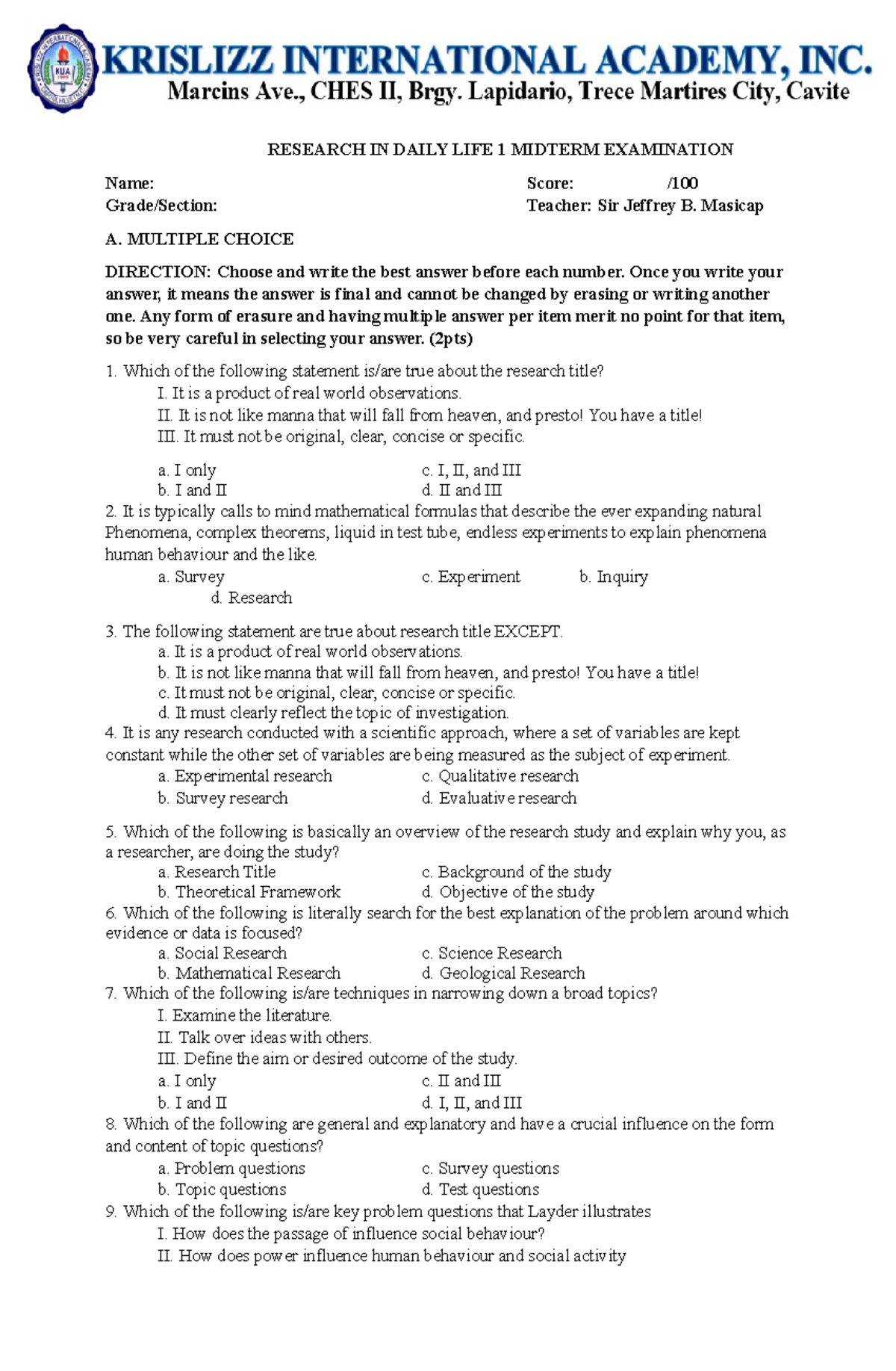 Midterm examination - RESEARCH IN DAILY LIFE 1 MIDTERM EXAMINATION Name ...