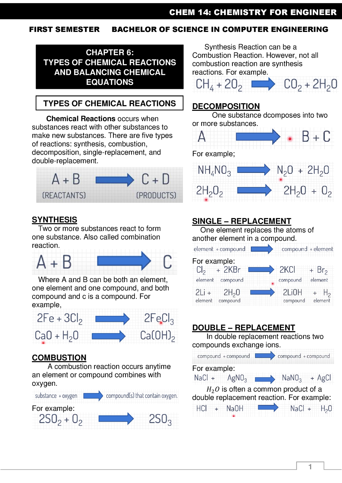 Types Of Chemical Reactions And Balancing Chemical Equations - FIRST ...