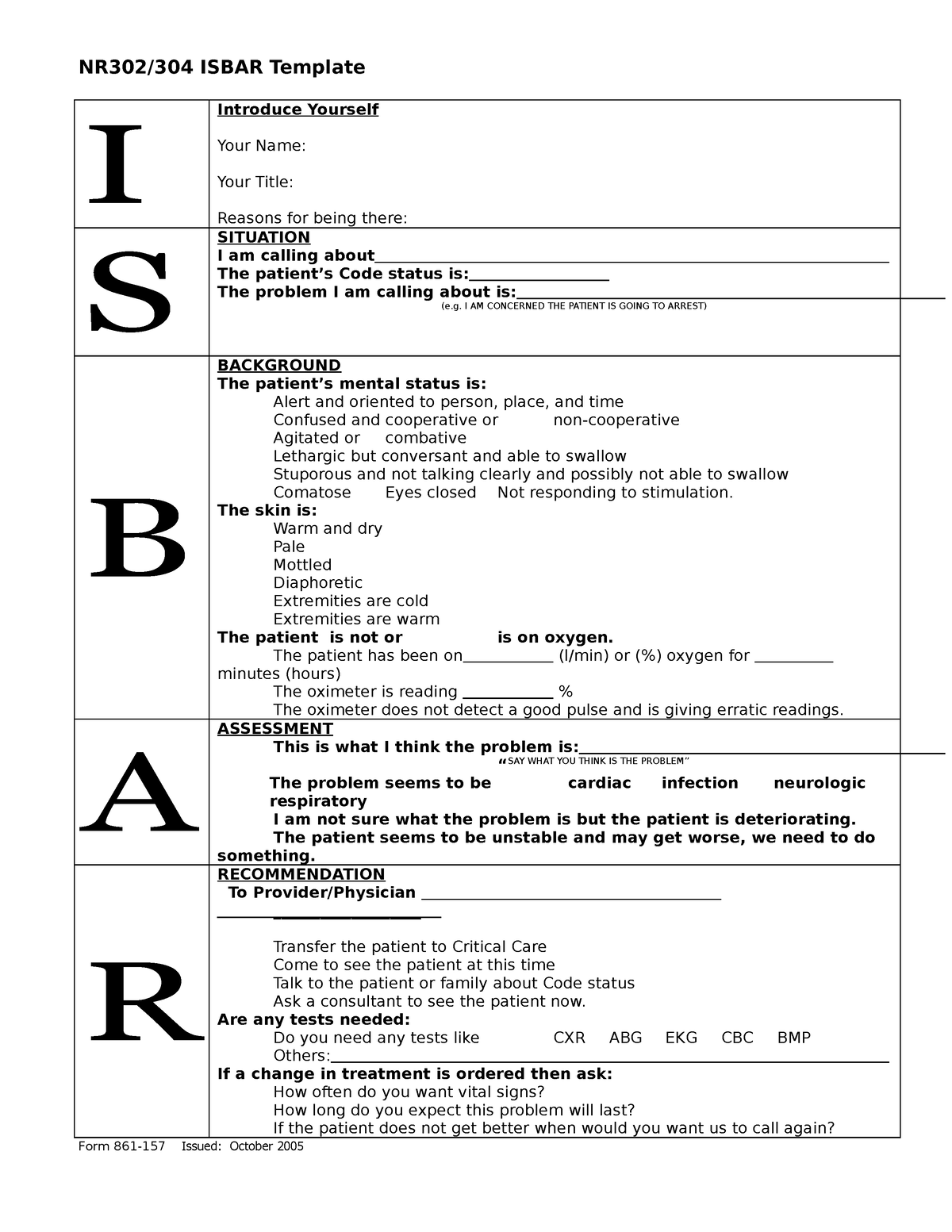 Isbar with Guidelines - NR302/304 ISBAR Template I Introduce Yourself ...