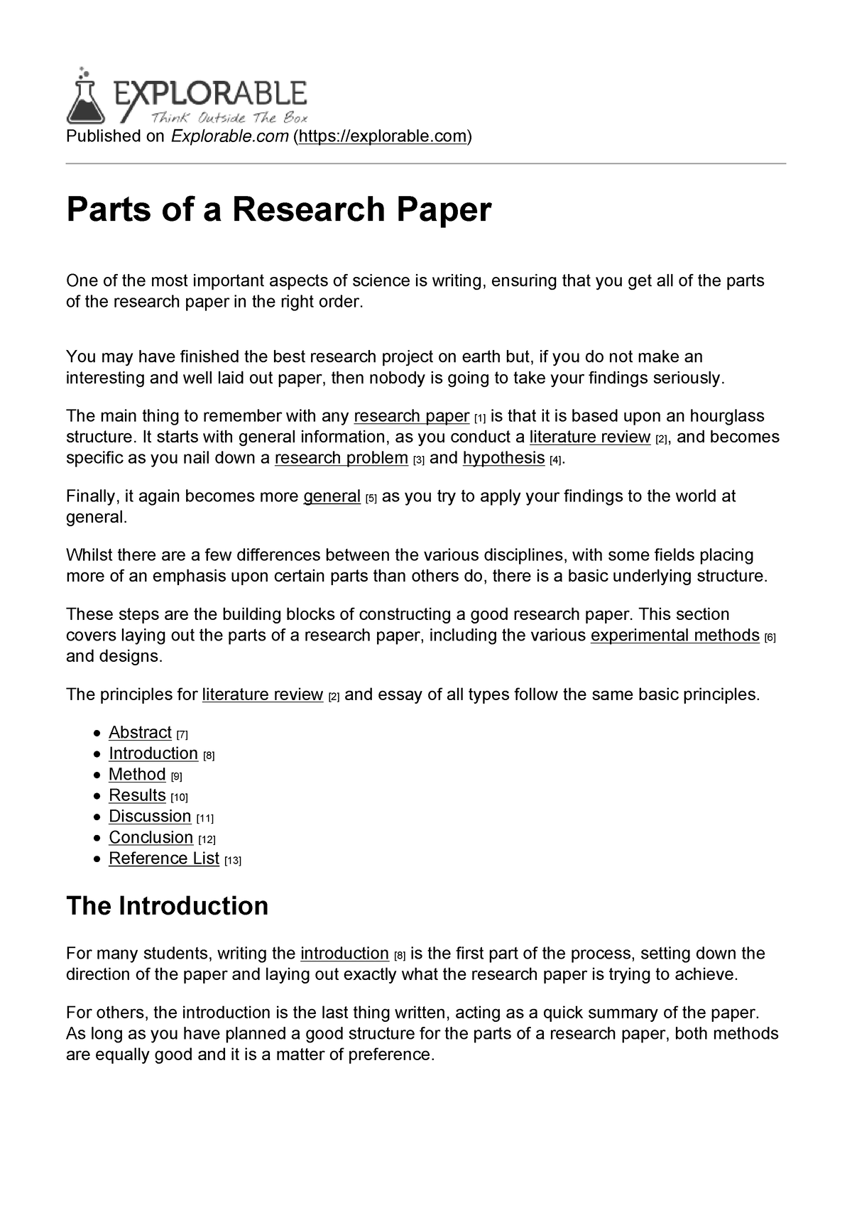 what are the parts of a mini research paper