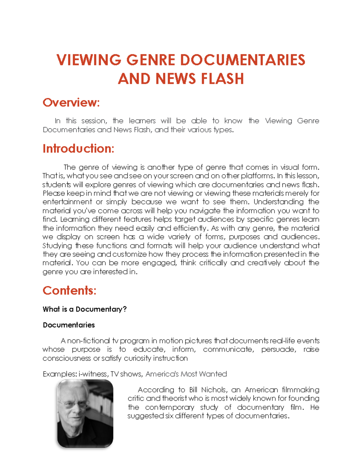 Learner Guide 1 - VIEWING GENRE DOCUMENTARIES AND NEWS FLASH Overview ...