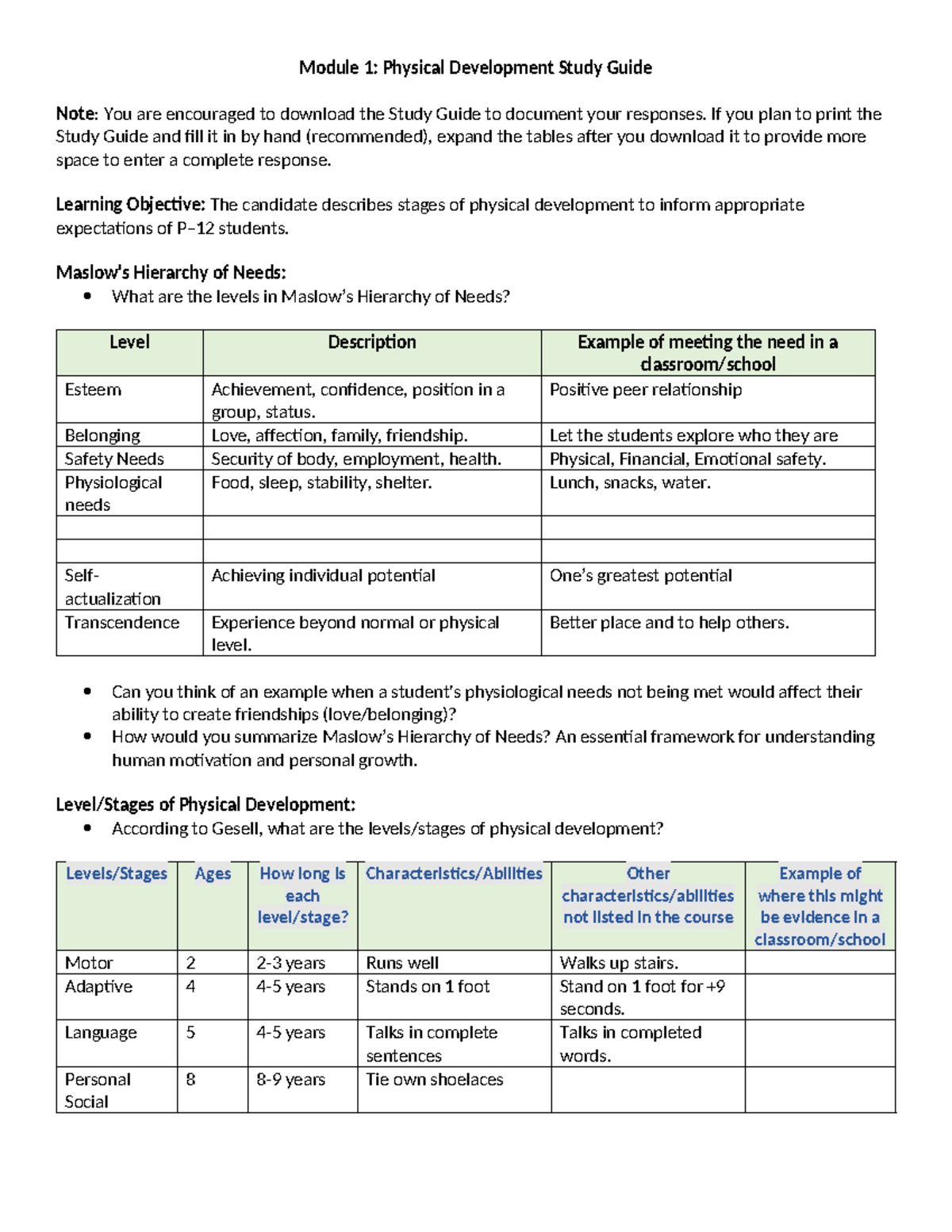D094 D307 M1 Study Guide 1 - Module 1: Physical Development Study Guide ...