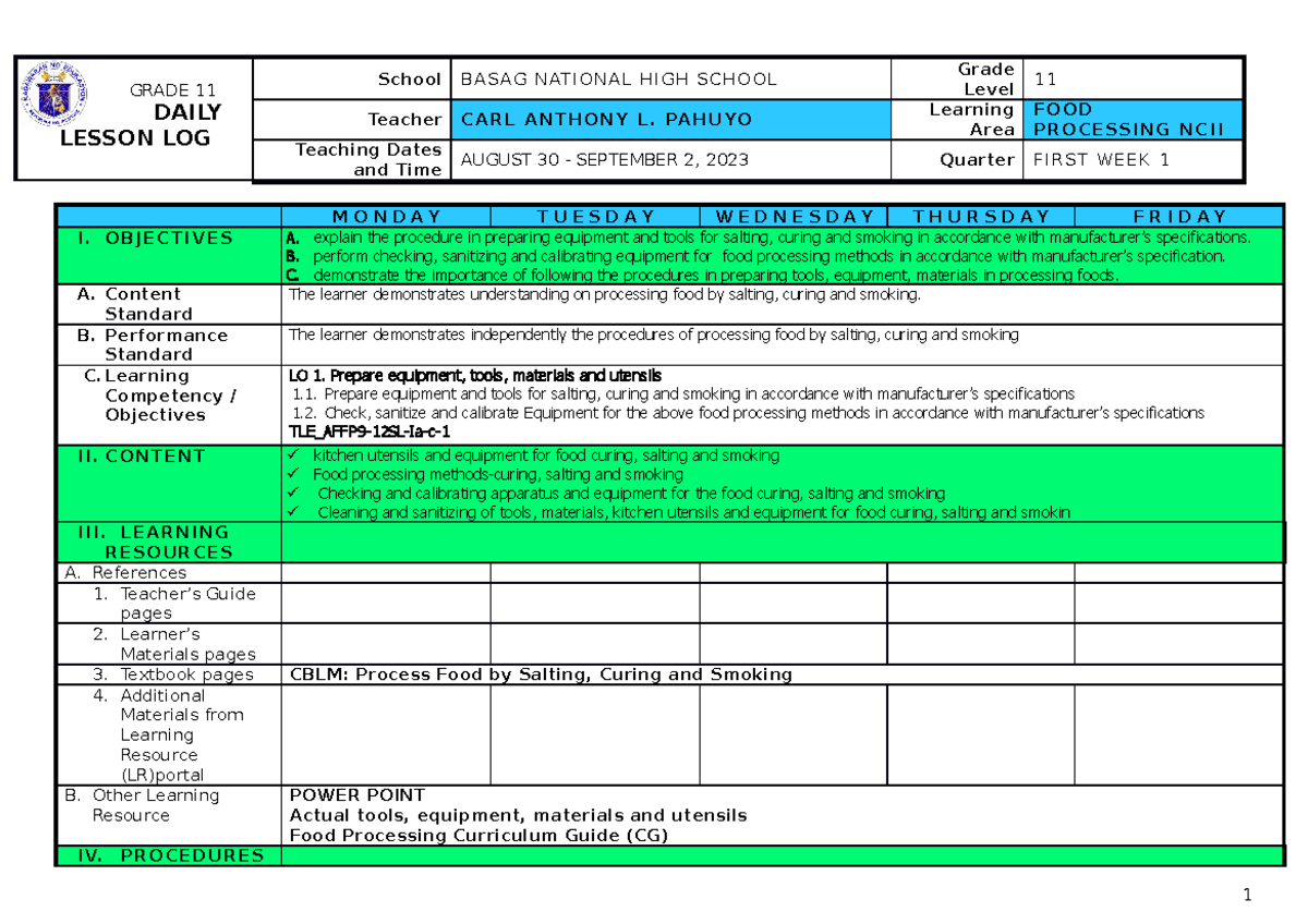 413839404 DLL Sample Food Processing GRADE 1 1 DAILY LESSON LOG