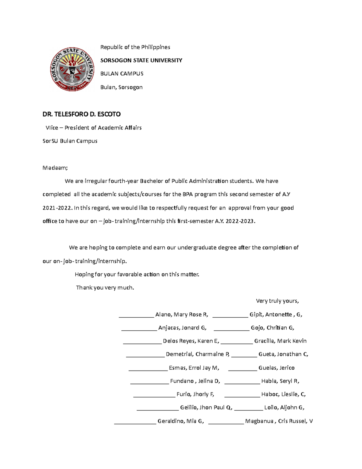 Request Letter - Republic Of The Philippines SORSOGON STATE UNIVERSITY ...