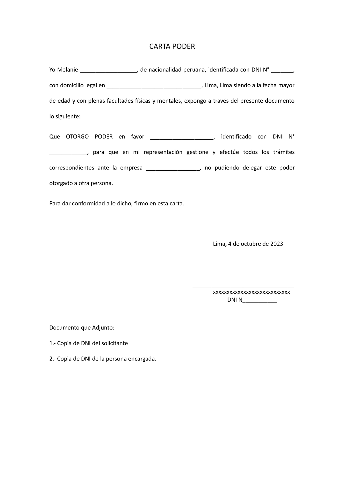 Carta Poder Sim Carta Poder Yo Melanie De Nacionalidad Peruana 5360