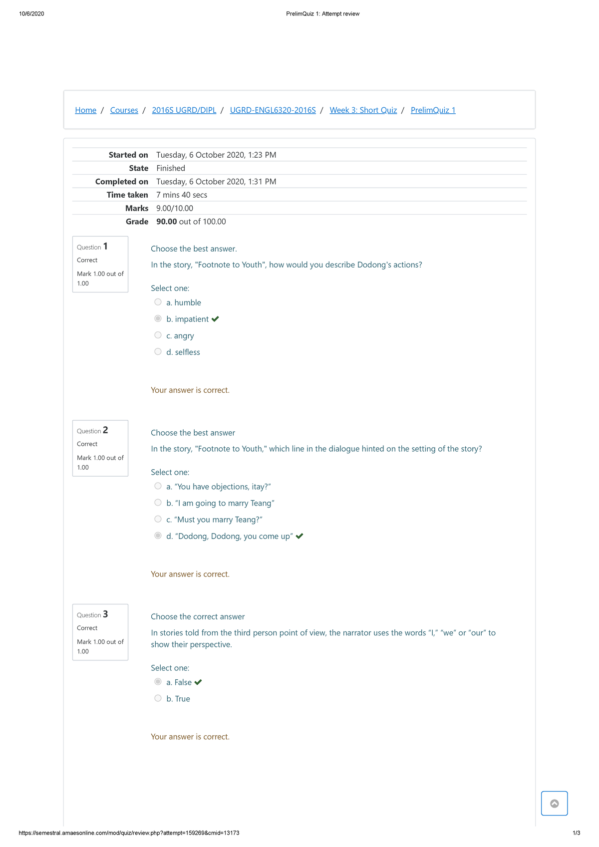 Quiz 1 14 November 2020, questions and answers - PrelimQuiz 1: Attempt ...