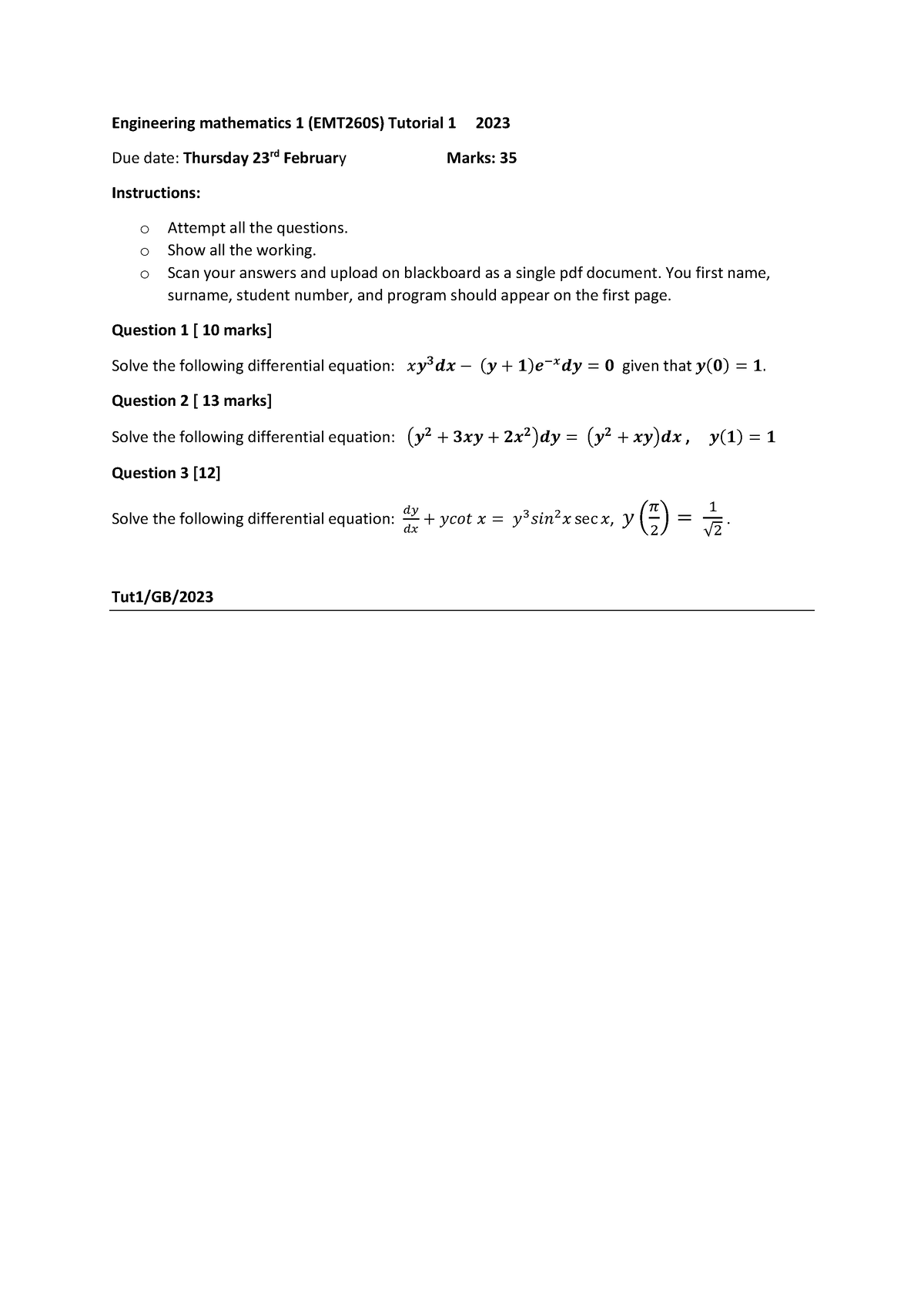 Engineering mathematics 1 Tut 1f - Engineering mathematics 1 (EMT260S ...