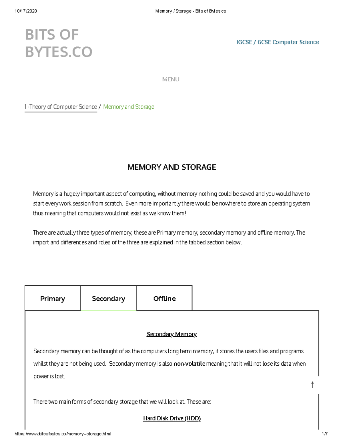 Memory Storage 2 - Bits of Bytes - MEMORY AND STORAGE Memory is a ...