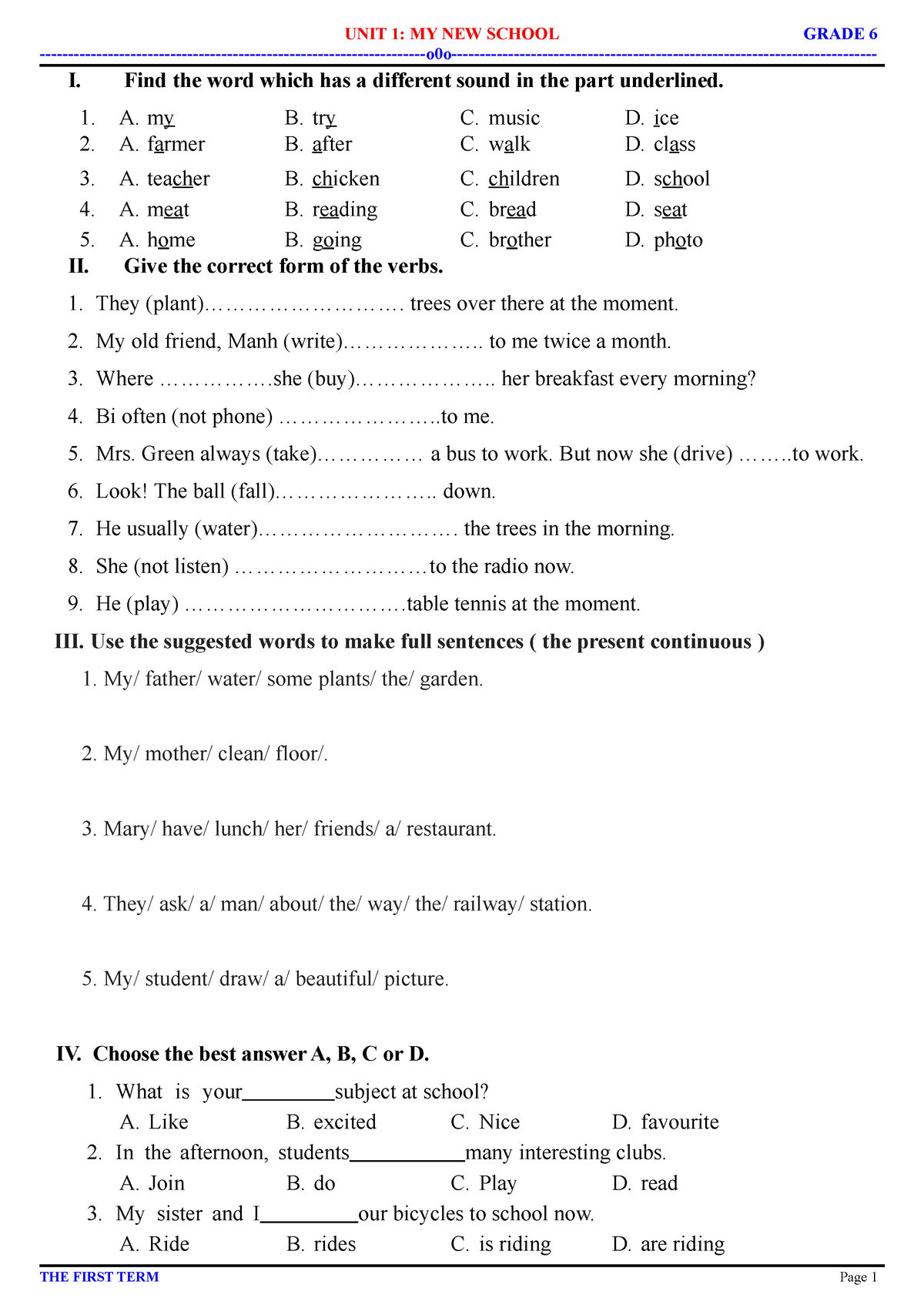 UNIT 1 - Fffffff -o0o- I. Find The Word Which Has A Different Sound In ...